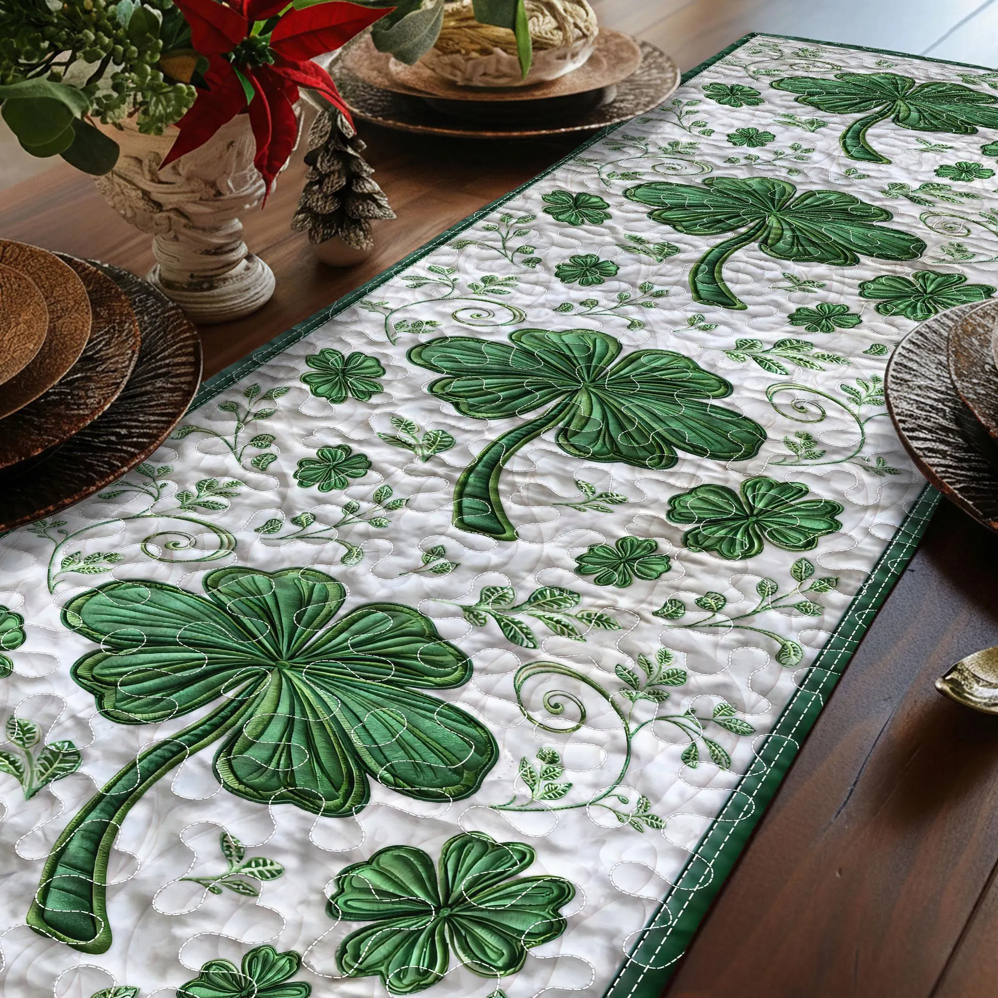 Green Shamrock Clover St.Patrick Day Quilted Table Runner TC1003