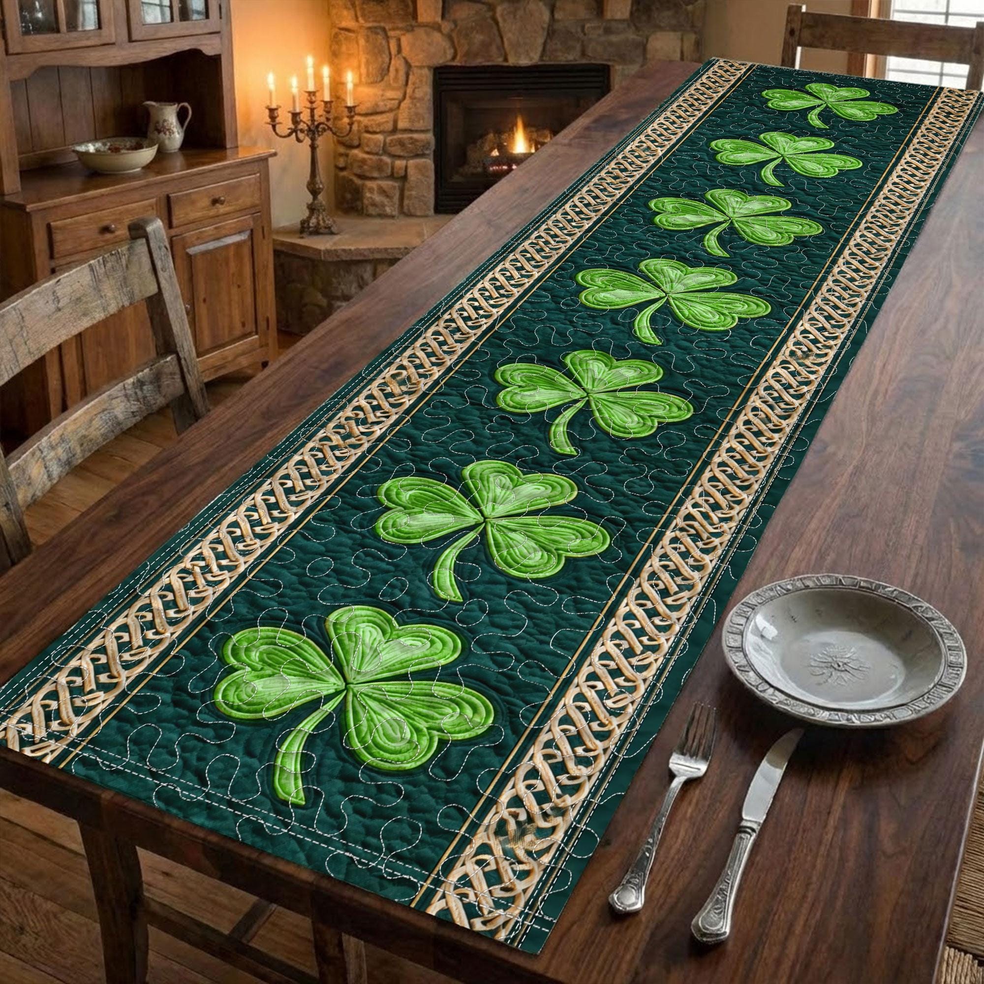 Shamrock Clover St.Patrick Day Quilted Table Runner Irish Celtic Dining Table TC1005