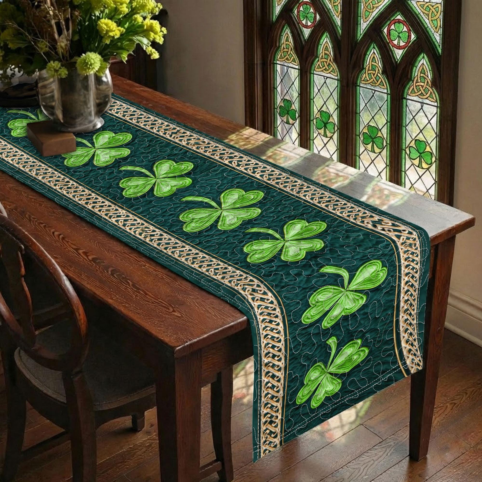 Shamrock Clover St.Patrick Day Quilted Table Runner Irish Celtic Dining Table TC1005