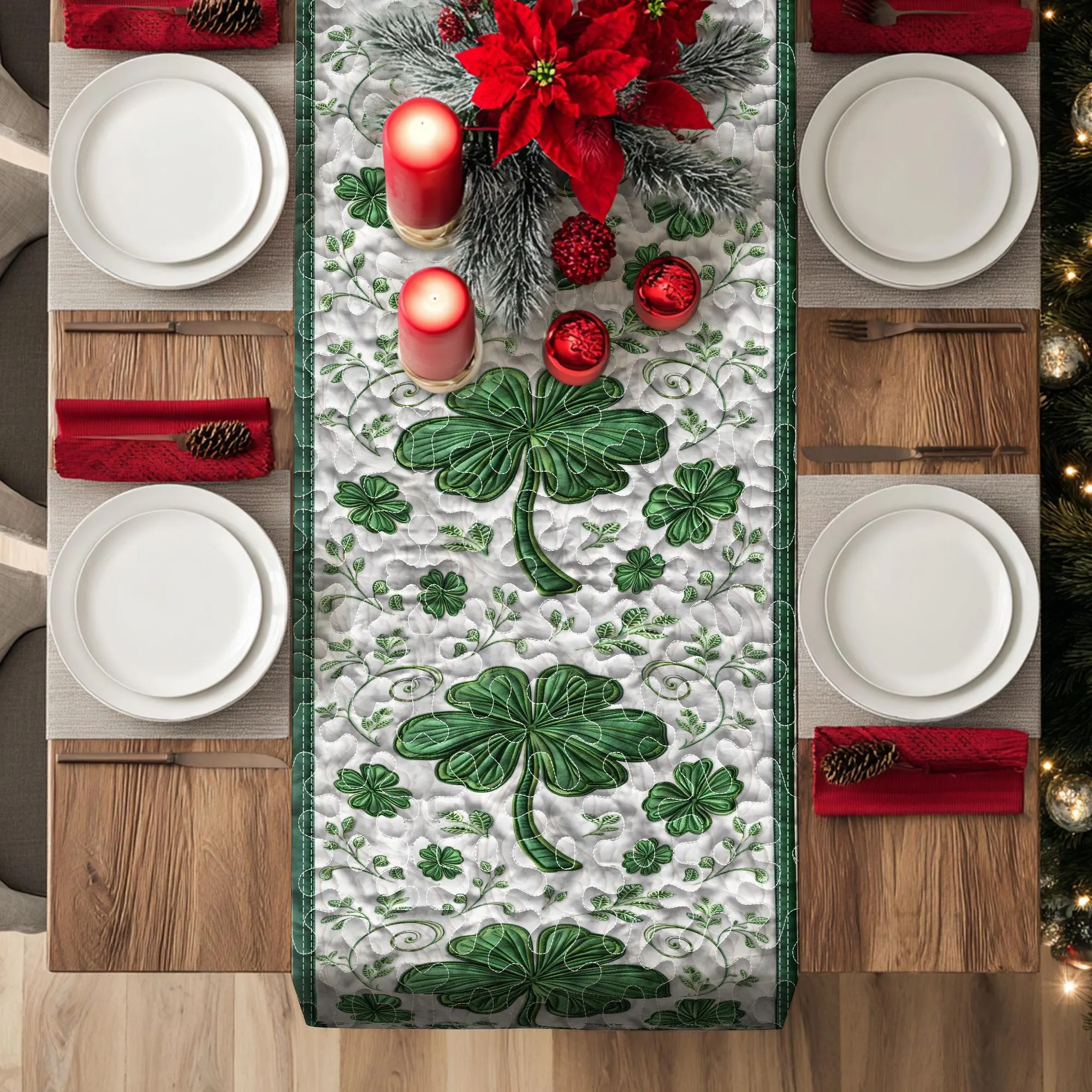 Green Shamrock Clover St.Patrick Day Quilted Table Runner TC1003