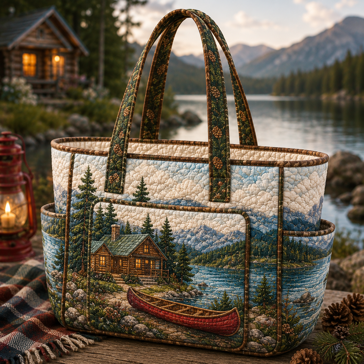 Lakeside Cabin Canoe Multiple Pockets Quilted Tote Bag