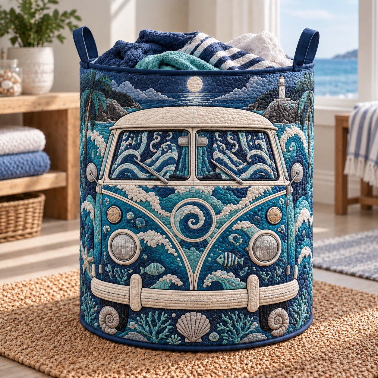 Coastal Wave Camper Van Quilted Laundry Basket