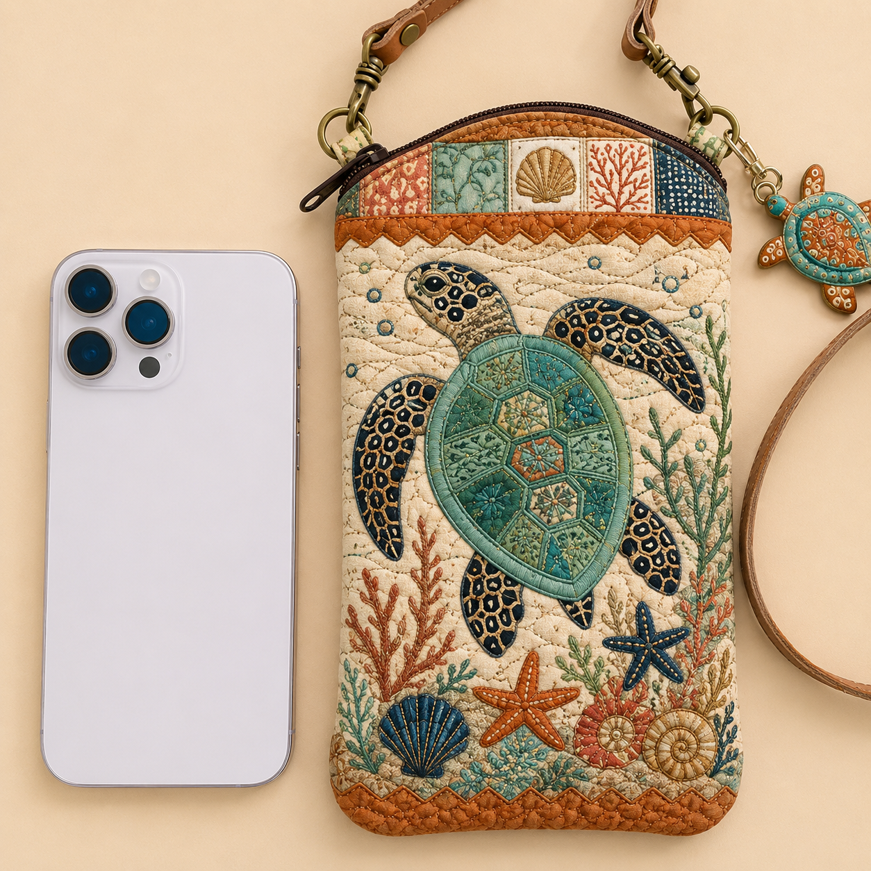 Boho Folk Sea Turtle Quilted Slim Phone Crossbody Bag