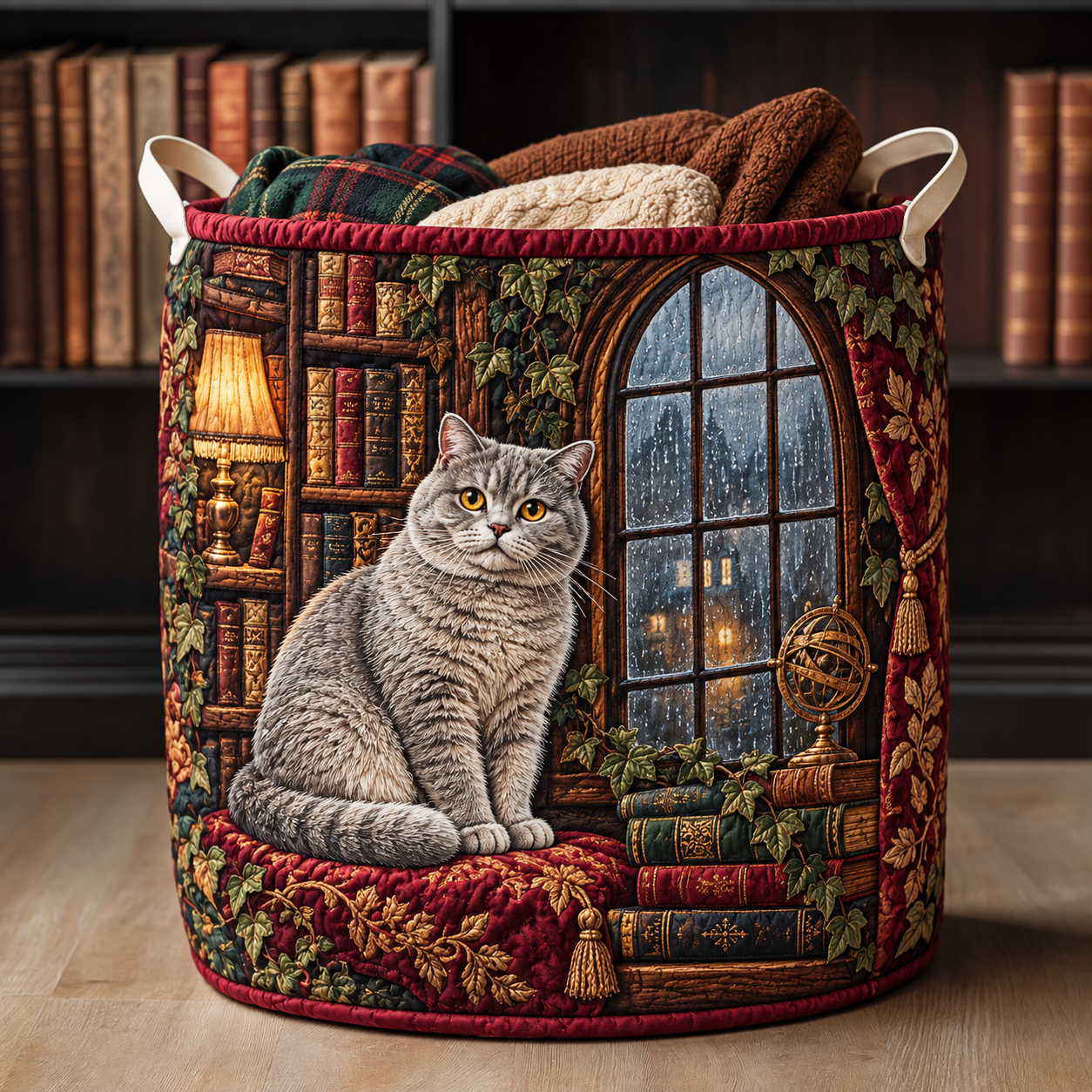 Gray Cat Window Reading Nook Quilted Laundry Basket