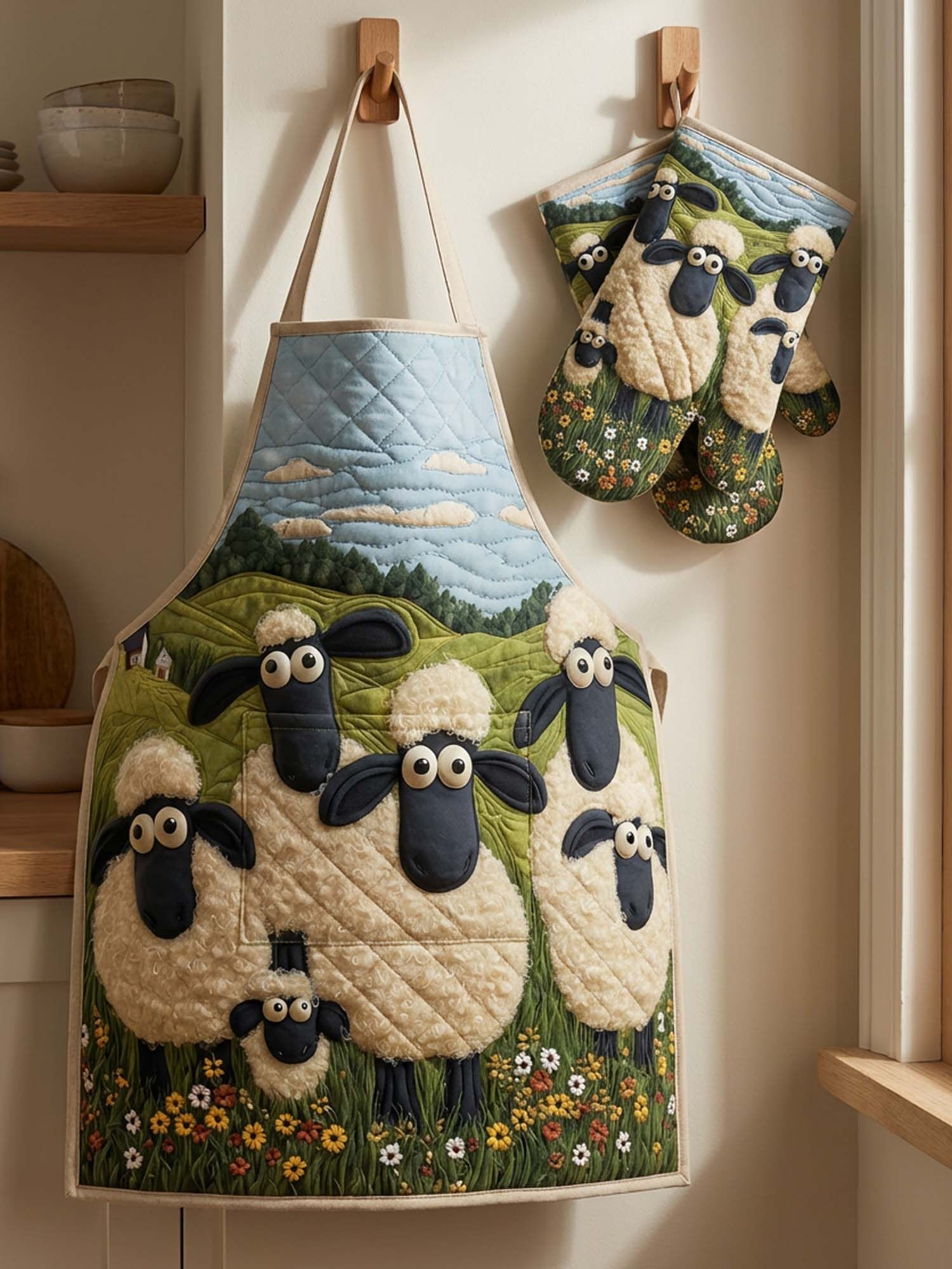 Sheep Quilted Apron Set (2-Piece) – Padded Apron + Heat-Resistant Oven Mitts