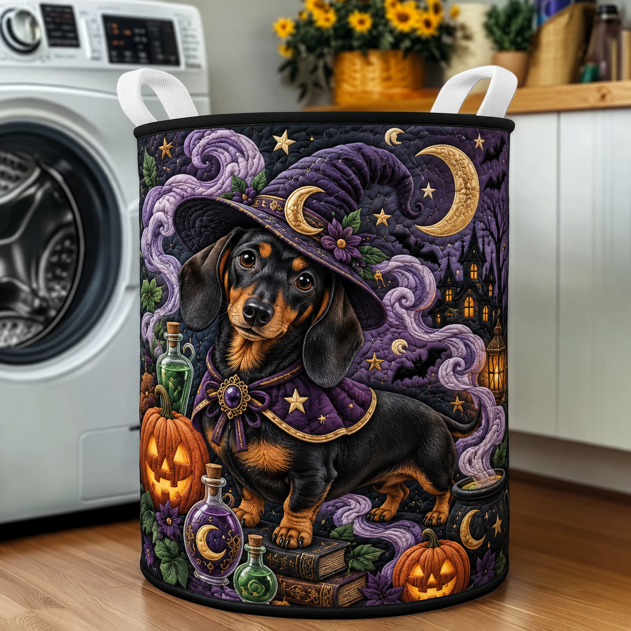 Dachshund Witch Hat Halloween Quilted Laundry Basket