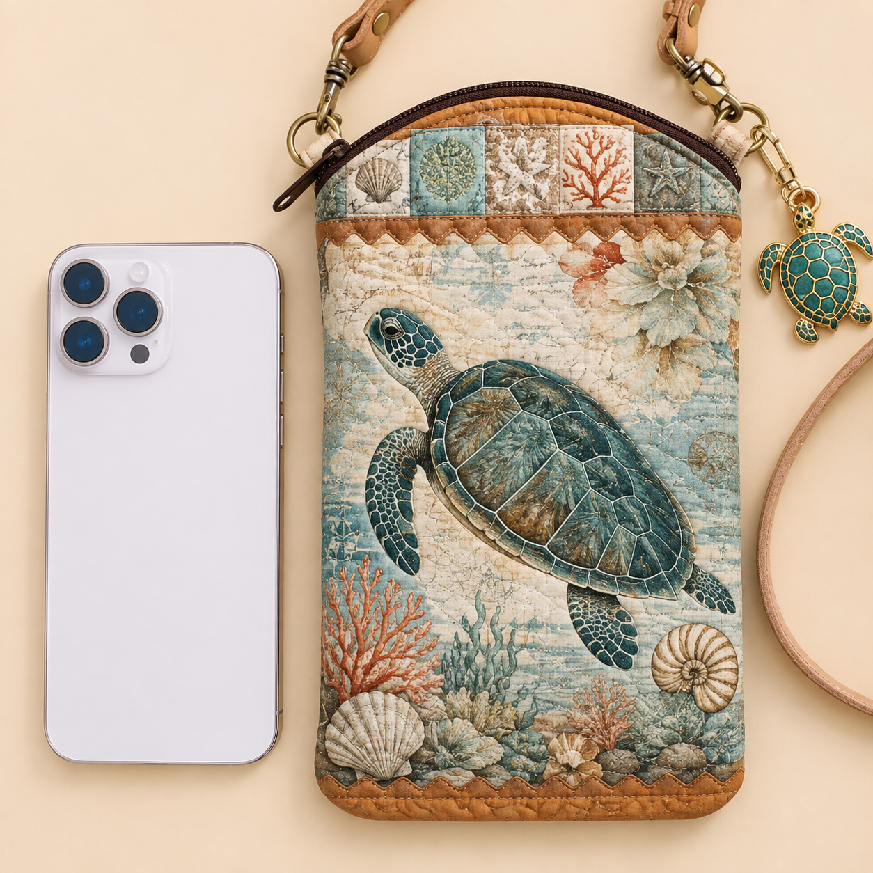 Vintage Coastal Sea Turtle Quilted Slim Phone Crossbody Bag