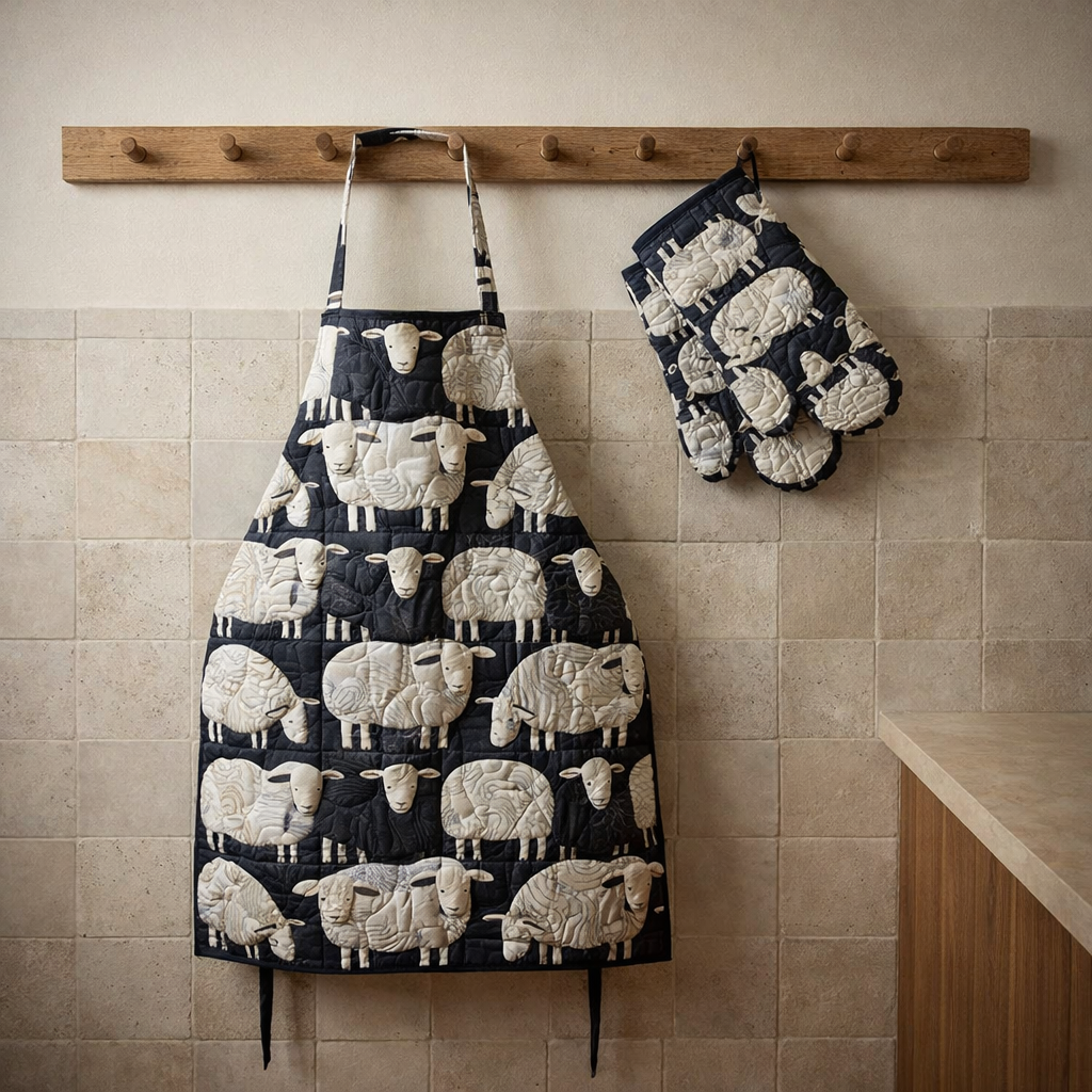 Black Sheep Quilted Apron Set (2-Piece) – Padded Apron + Heat-Resistant Oven Mitts