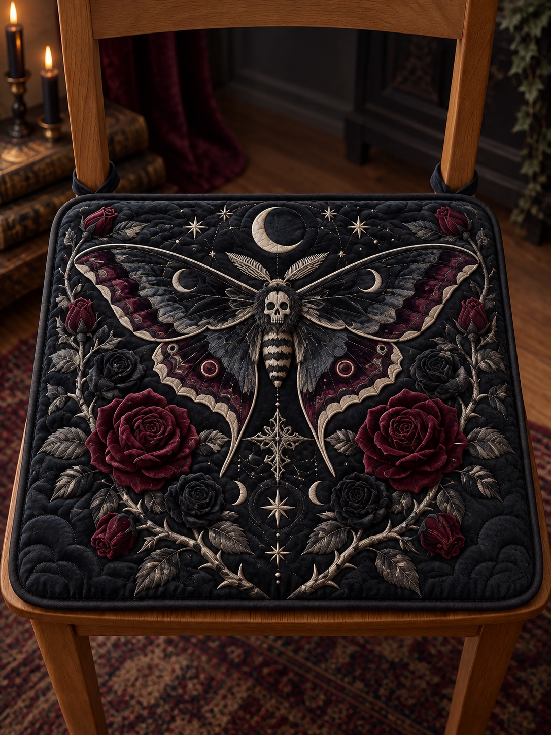 Death’s Head Moth & Roses Quilted Chair Cushion
