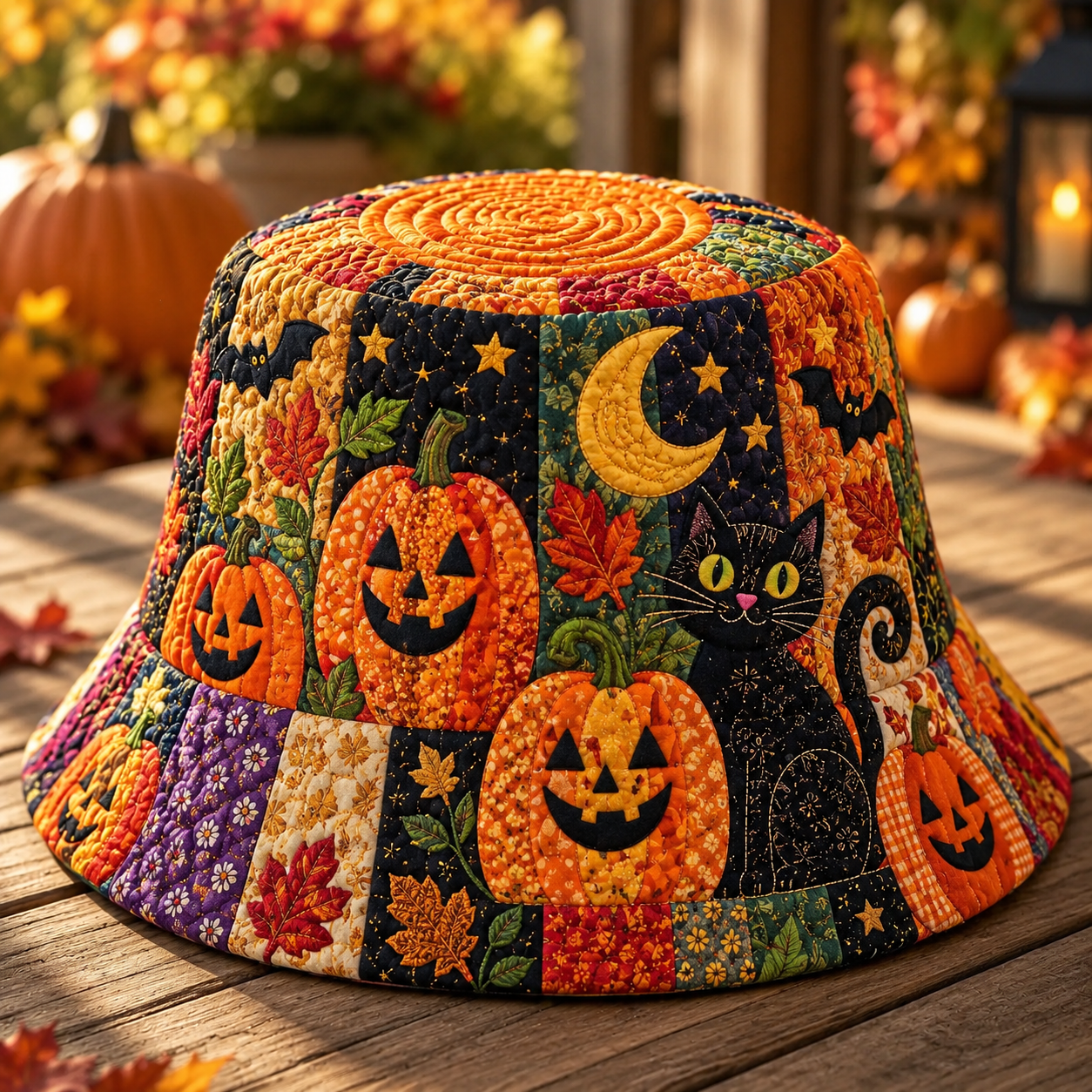 Jack-O’-Lantern Cat Patchwork Quilted Fishing Hat