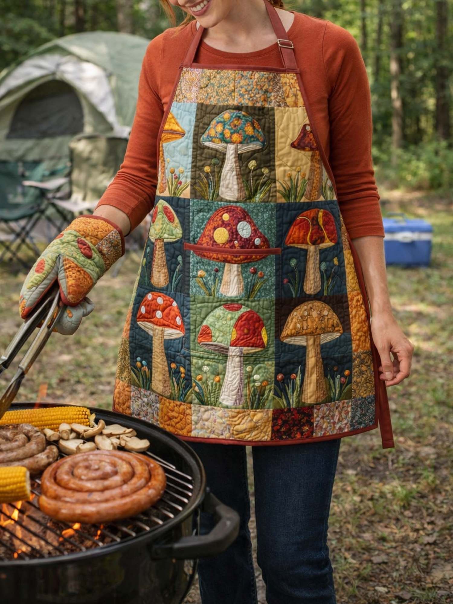 Mushroom Quilted Apron Set (2-Piece) – Padded Apron + Heat-Resistant Oven Mitts
