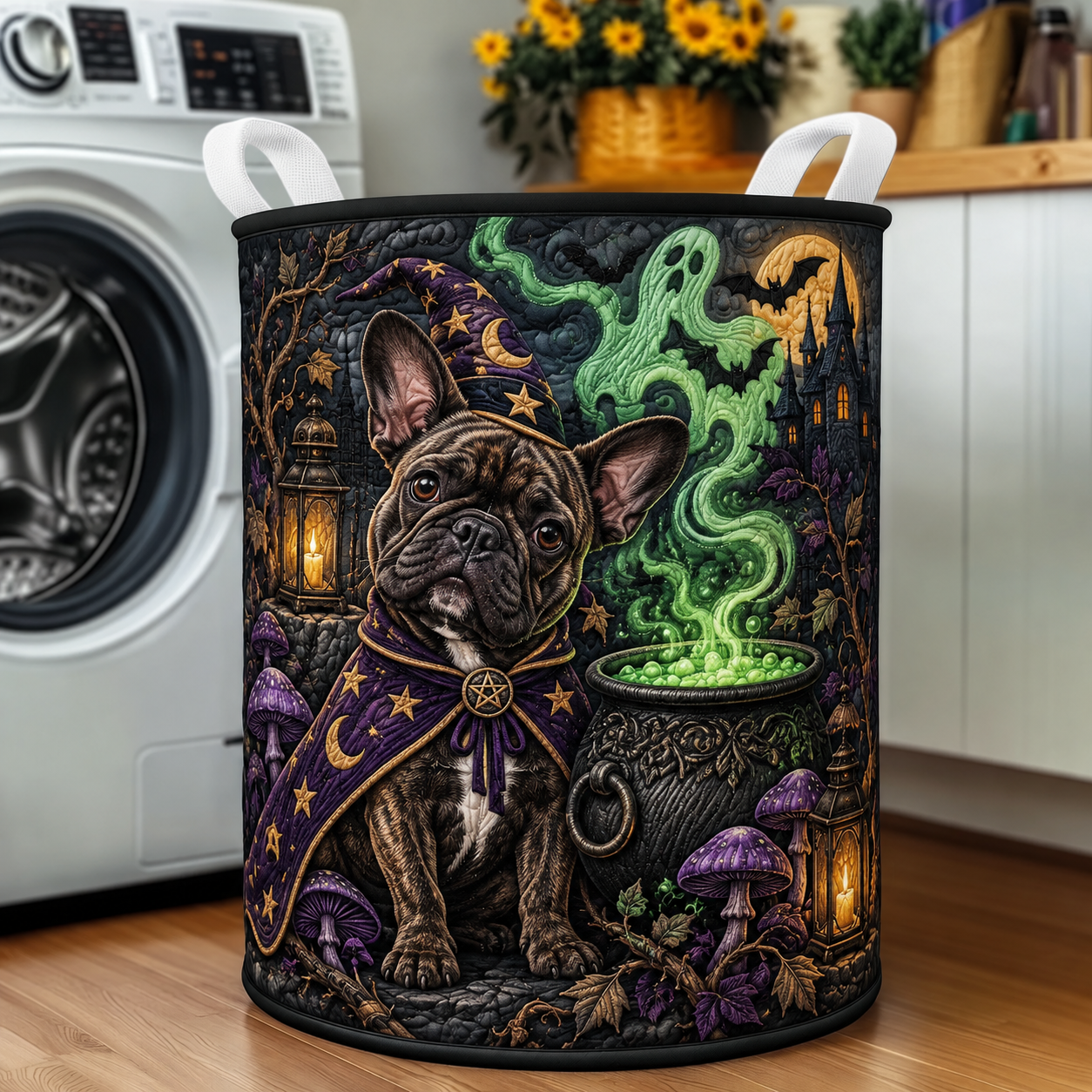Witchy French Bulldog Cauldron Quilted Laundry Basket