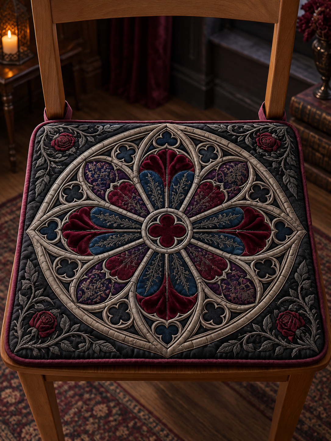 Gothic Stained Glass Rose Quilted Chair Cushion