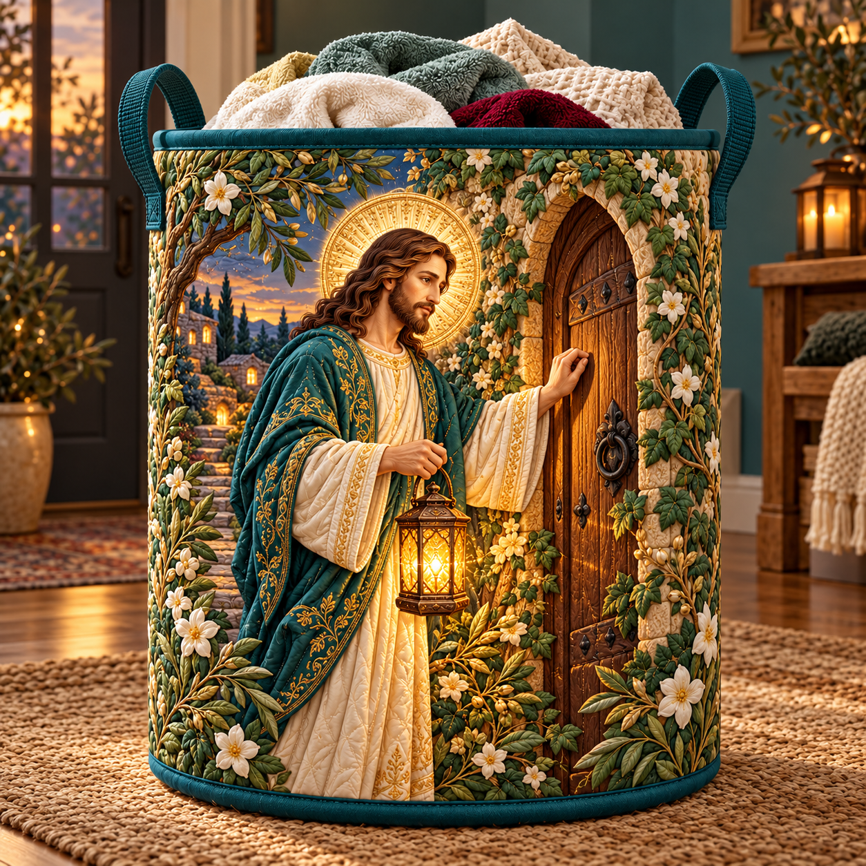 Jesus with Lantern Garden Quilted Laundry Basket