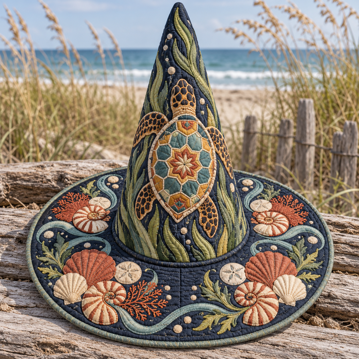 Seashell Sea Turtle Coastal Quilted Witch Hat