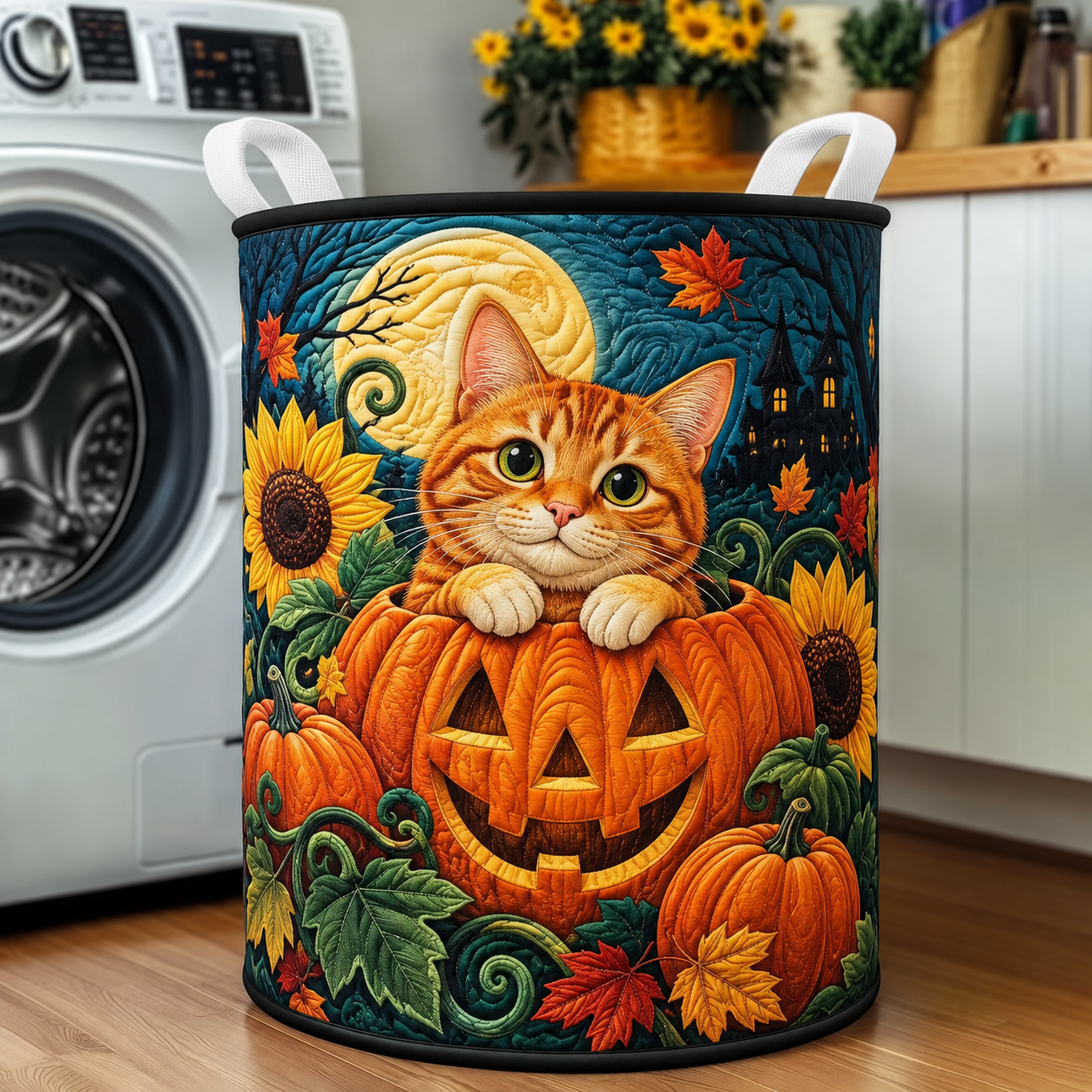 Orange Cat Pumpkin Sunflower Quilted Laundry Basket