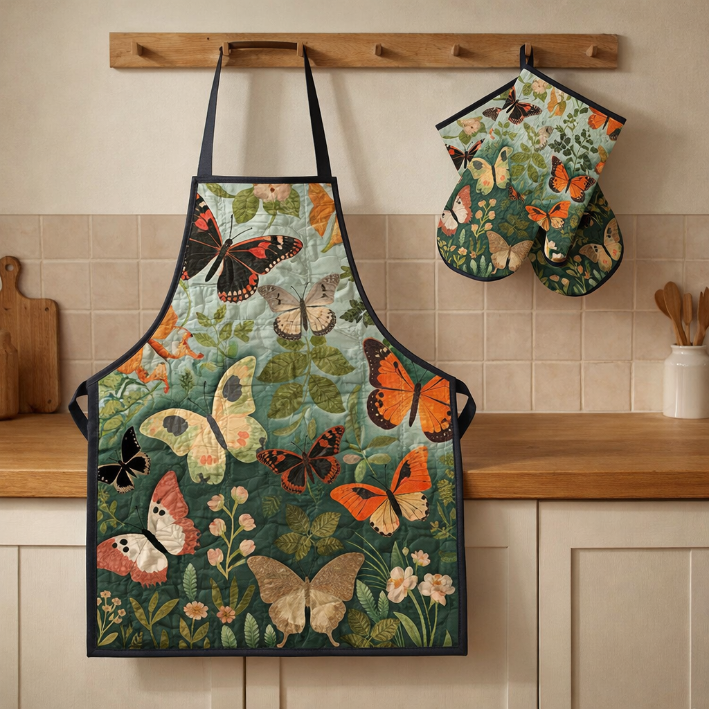 Butterflies are flying Quilted Apron Set (2-Piece) – Padded Apron + Heat-Resistant Oven Mitts