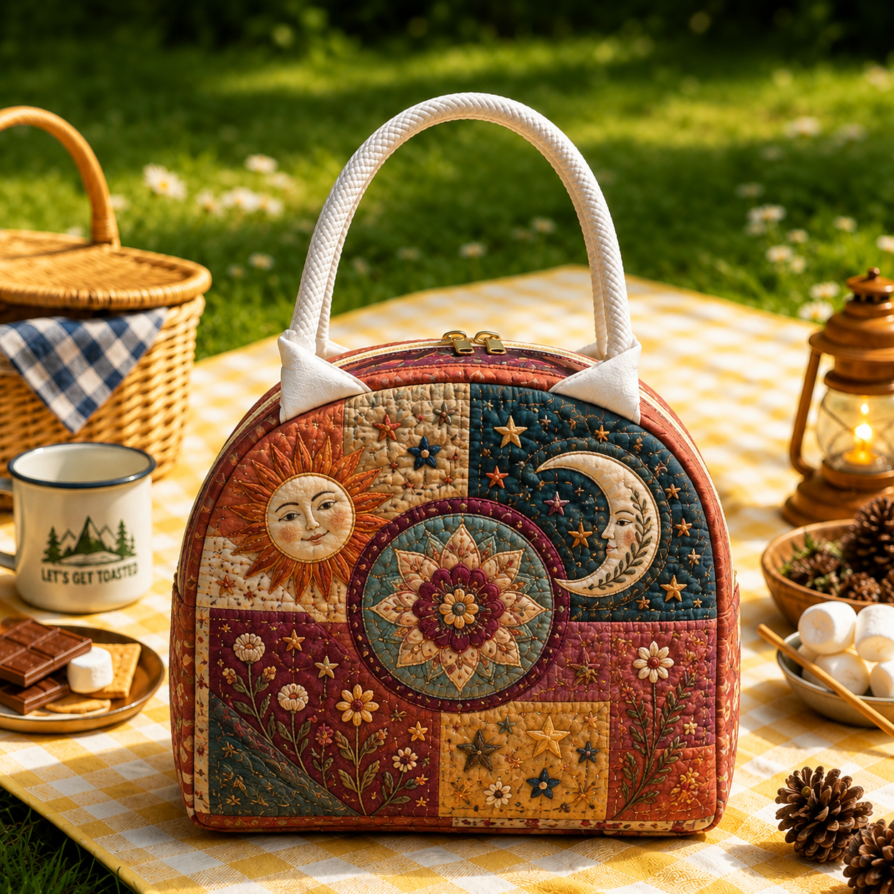 Celestial Sun & Moon Boho Quilted Lunch Bag