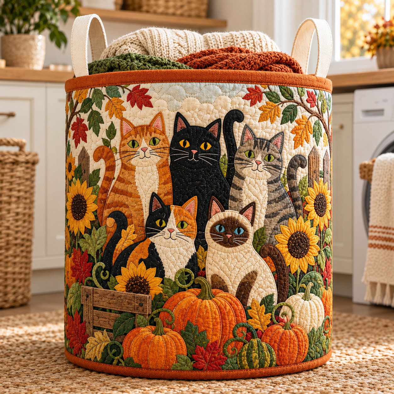 Sunflower Cat Family Quilted Laundry Basket
