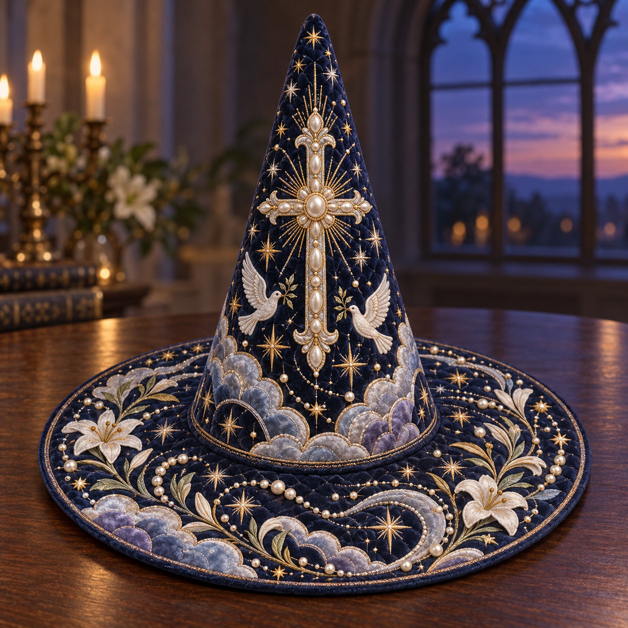 Celestial Ivory Cross Quilted Witch Hat