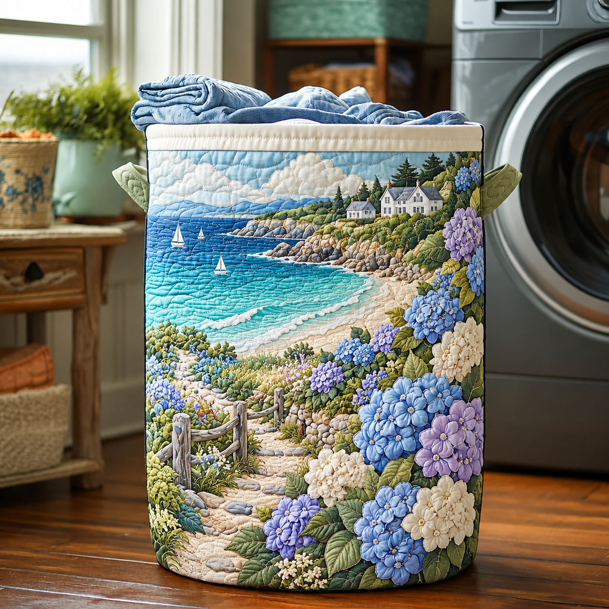 Hydrangea Coastal Path Quilted Laundry Basket