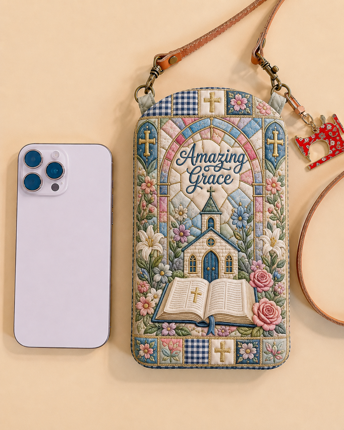Amazing Grace Church Garden Quilted Slim Phone Crossbody Bag