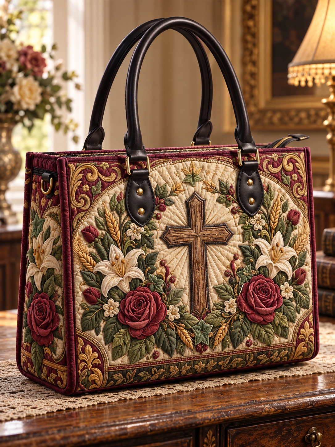 Cross and Roses Faith Bloom Quilted Leather Strap Bible Handbag