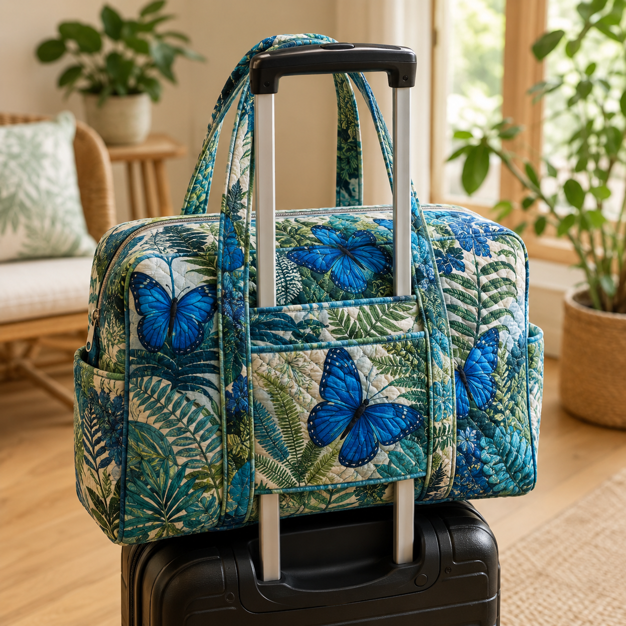 Blue Butterfly Fern Garden Quilted Weekender Bag With Trolley Sleeve