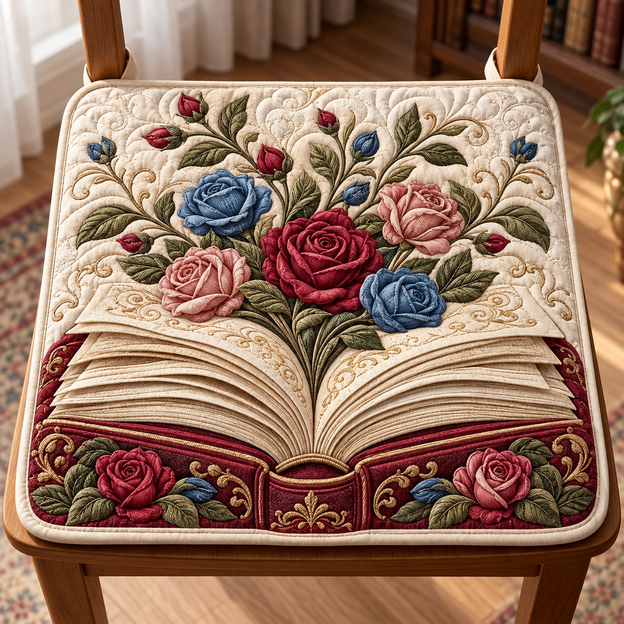 Blooming Storybook Roses Quilted Chair Cushion