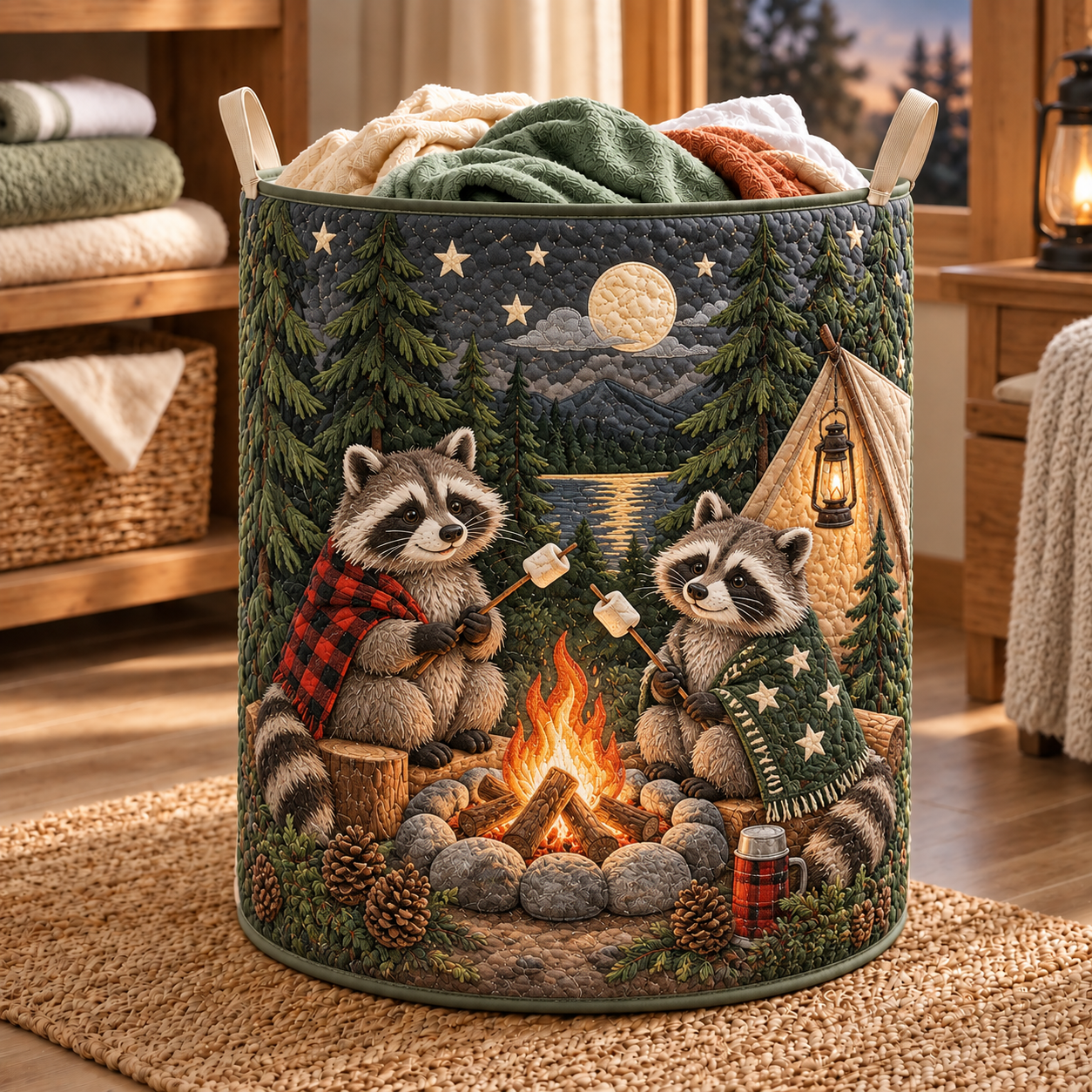 Raccoon Campfire Night Quilted Laundry Basket