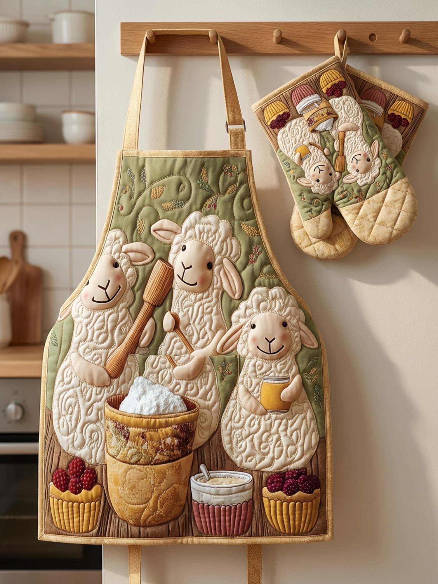 Sheep Baking Quilted Apron Set (2-Piece) – Padded Apron + Heat-Resistant Oven Mitts