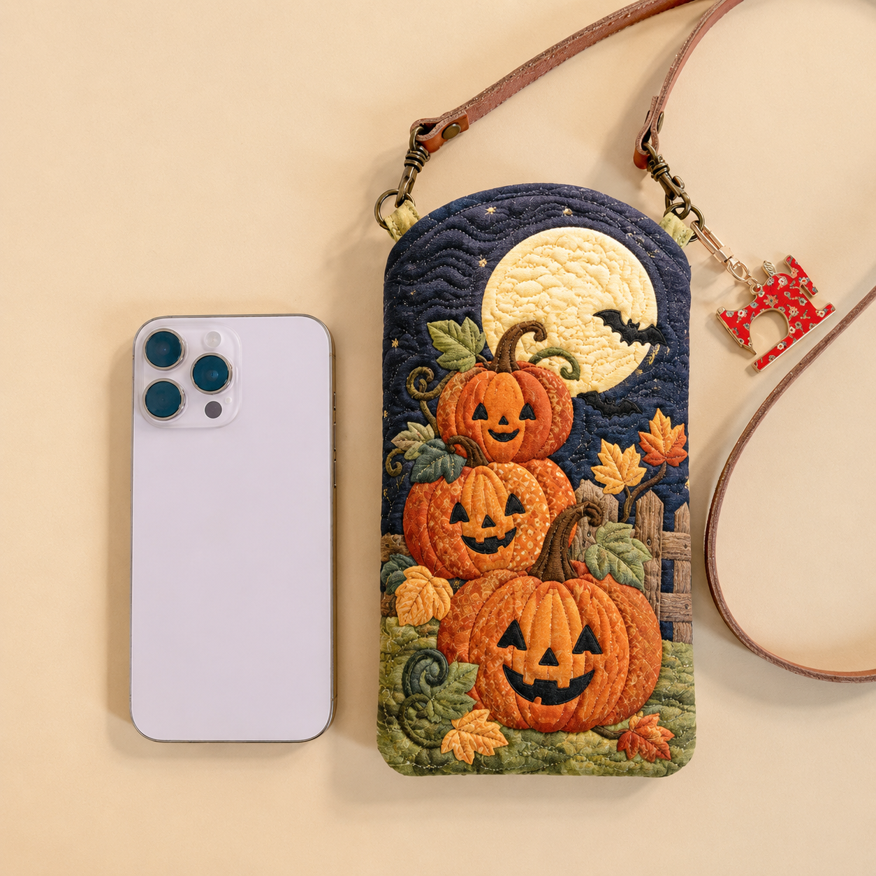 Moonlit Jack-O’-Lantern Patch Quilted Slim Phone Crossbody Bag