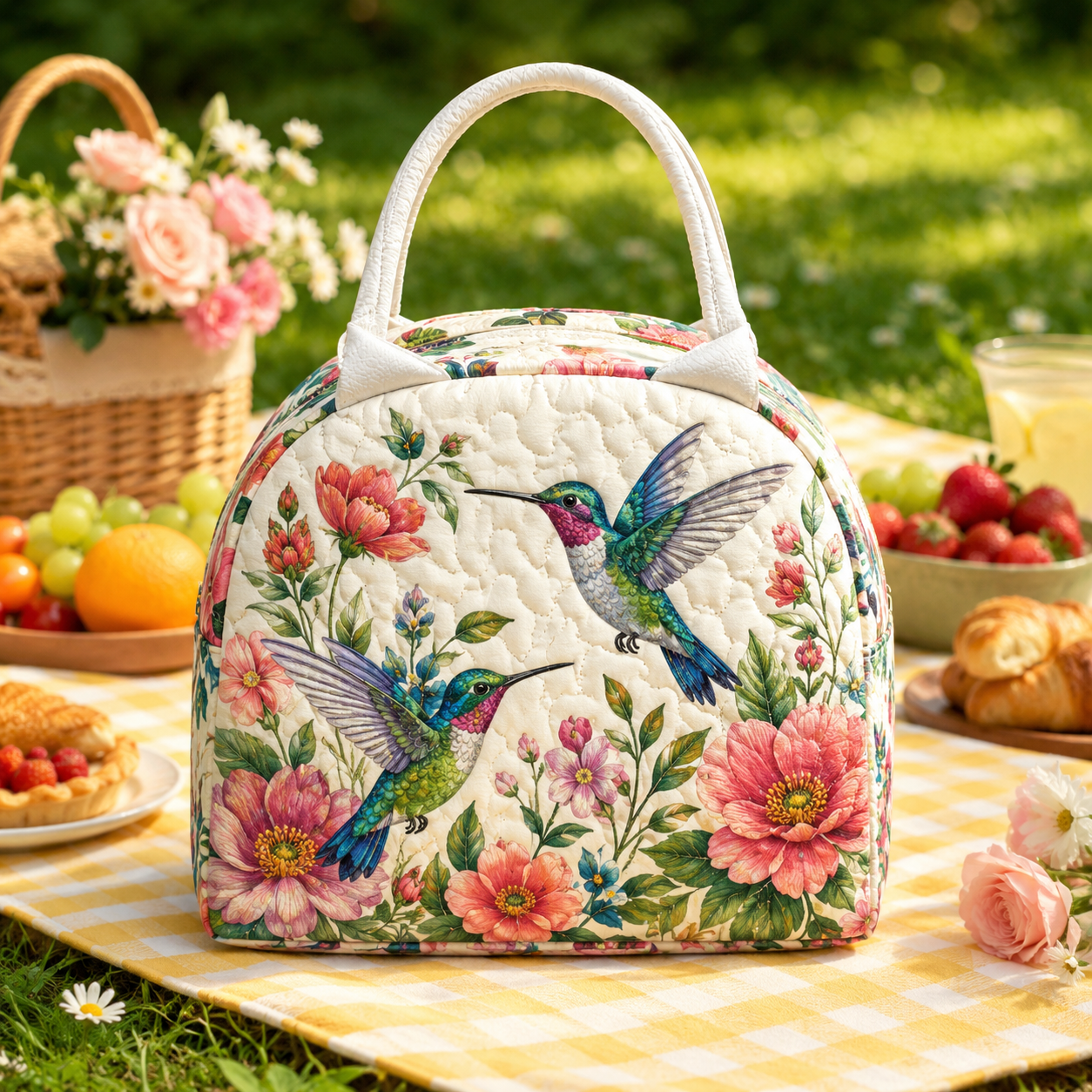 Hummingbird Floral Garden Quilted Lunch Bag