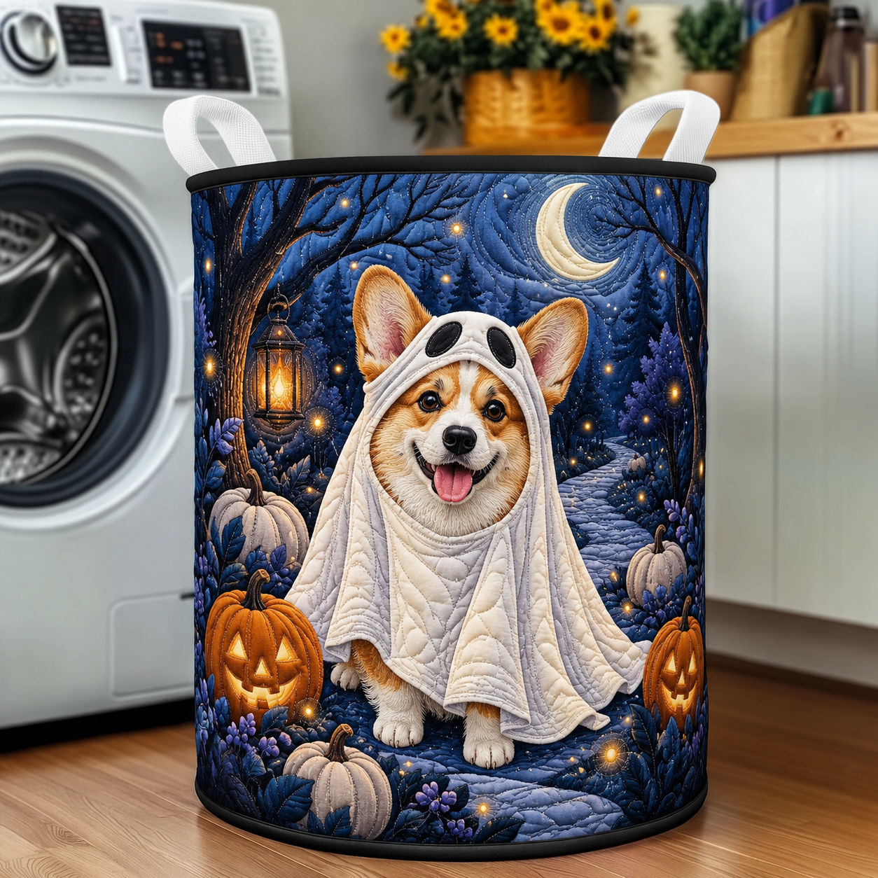 Ghost Costume Corgi Halloween Quilted Laundry Basket