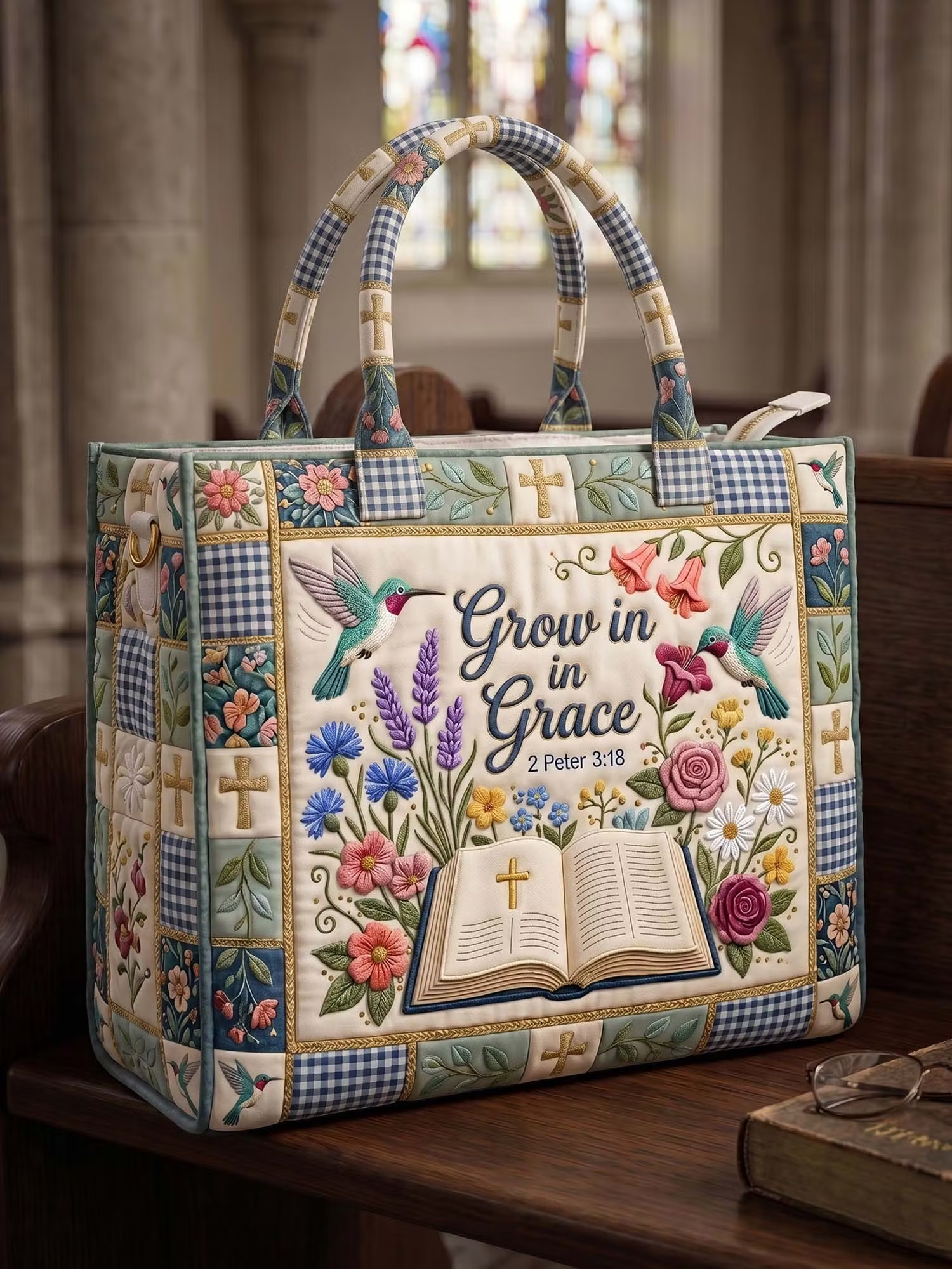 Grow in Grace 2 Peter 3:18 Quilted Leather Strap Bible Handbag