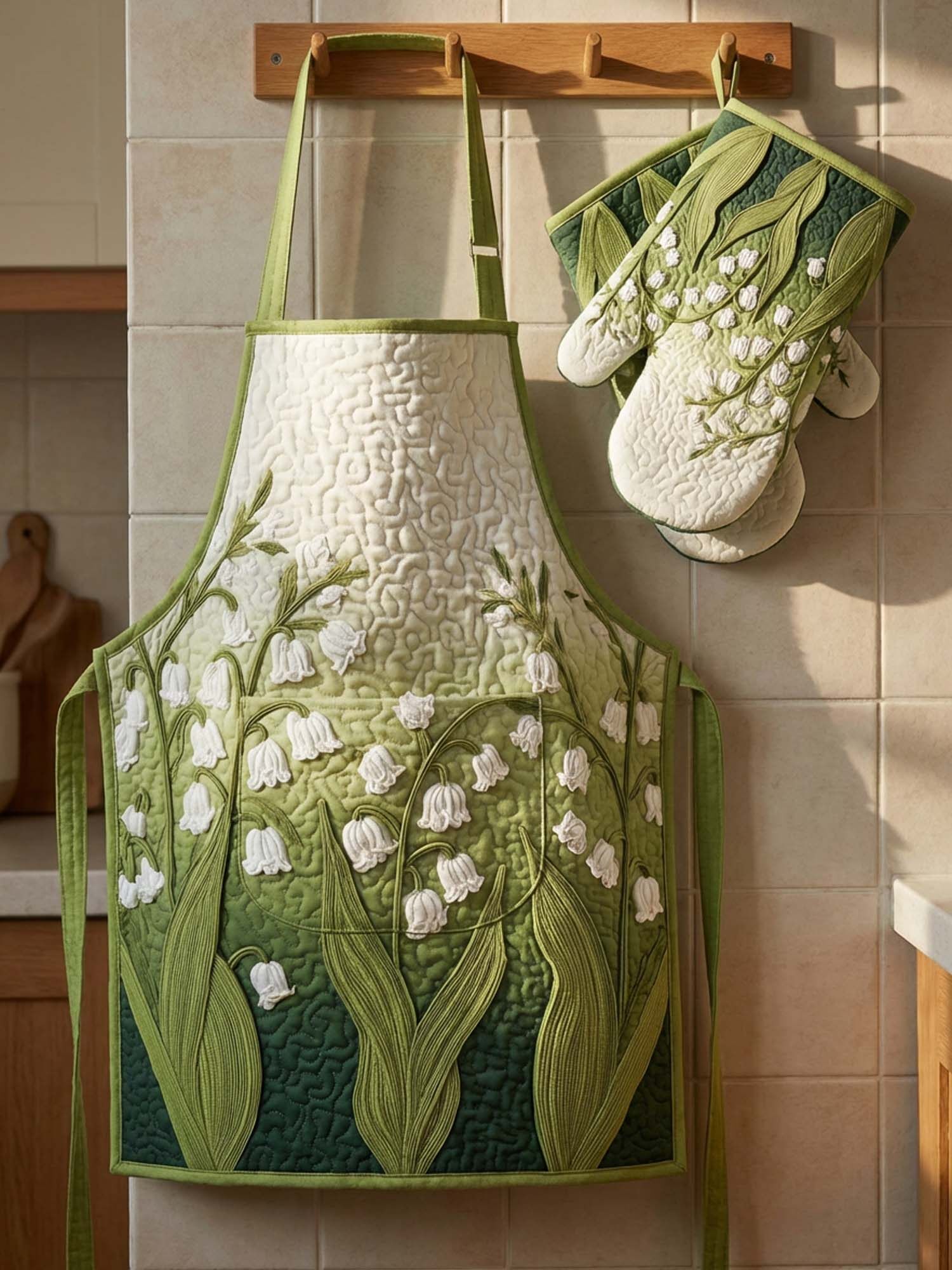 Lily Of The Valley Quilted Apron Set (2-Piece) – Padded Apron + Heat-Resistant Oven Mitts