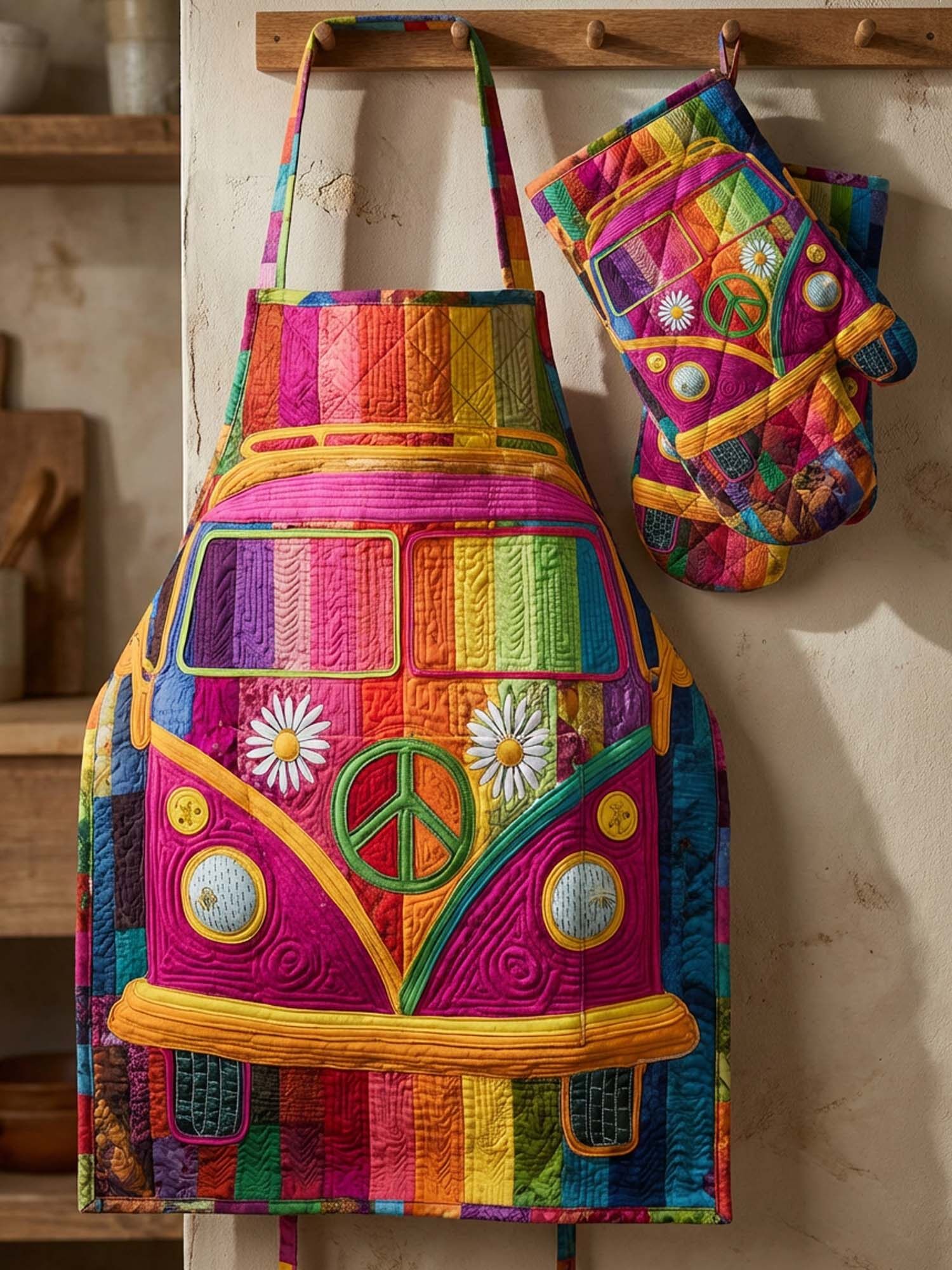 Hippie Van Quilted Apron Set (2-Piece) – Padded Apron + Heat-Resistant Oven Mitts