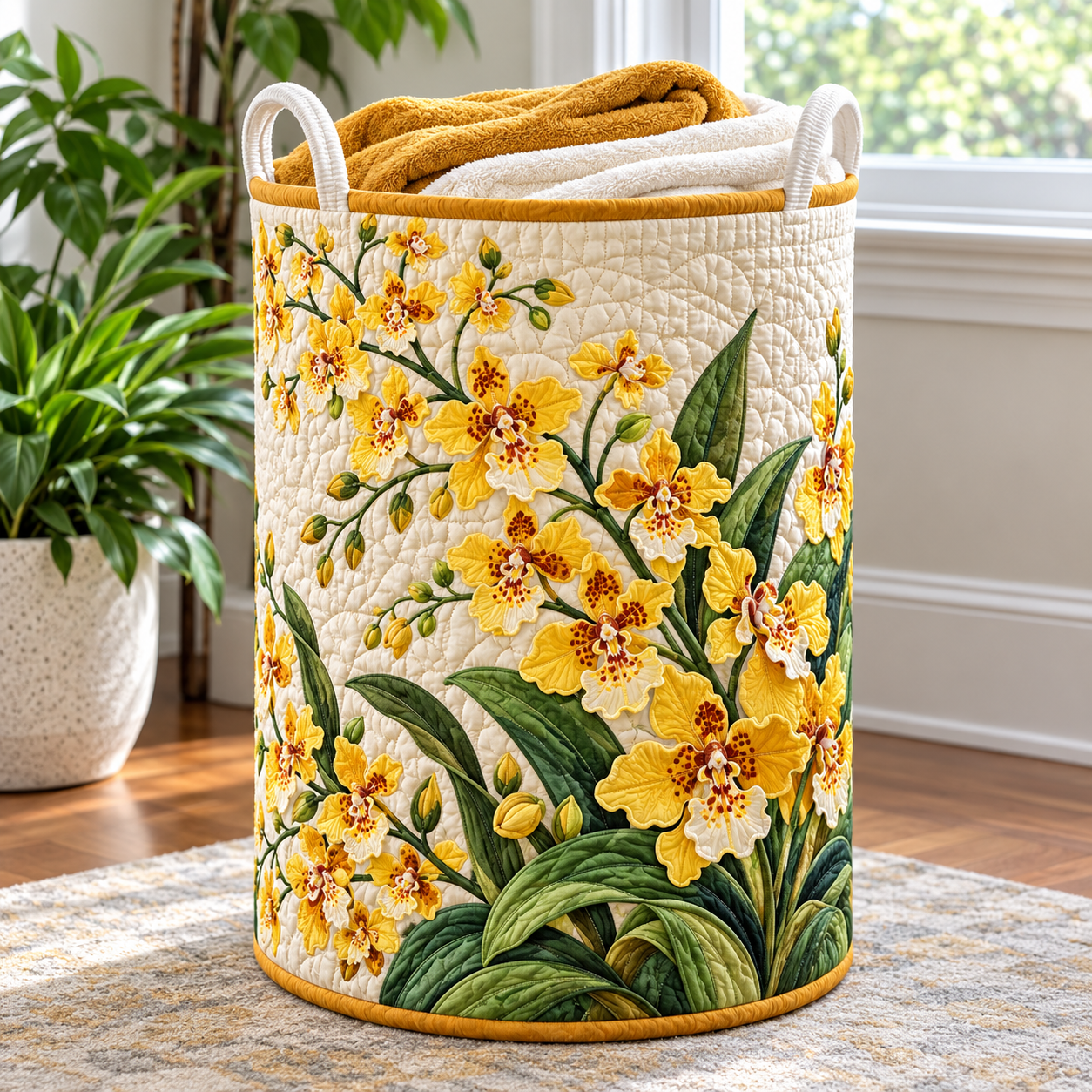 Golden Oncidium Orchid Garden Quilted Laundry Basket