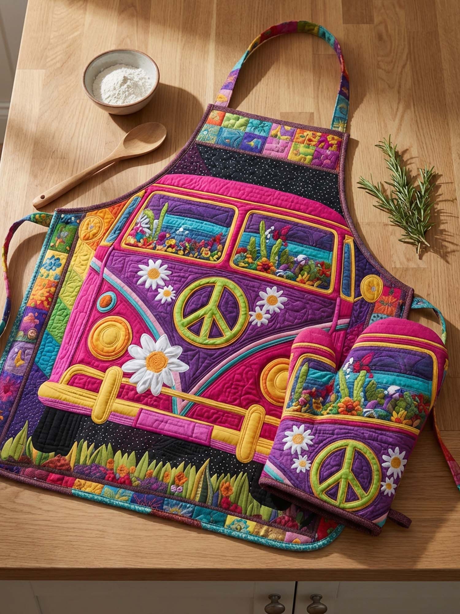 Hippie Van Quilted Apron Set (2-Piece) – Padded Apron + Heat-Resistant Oven Mitts