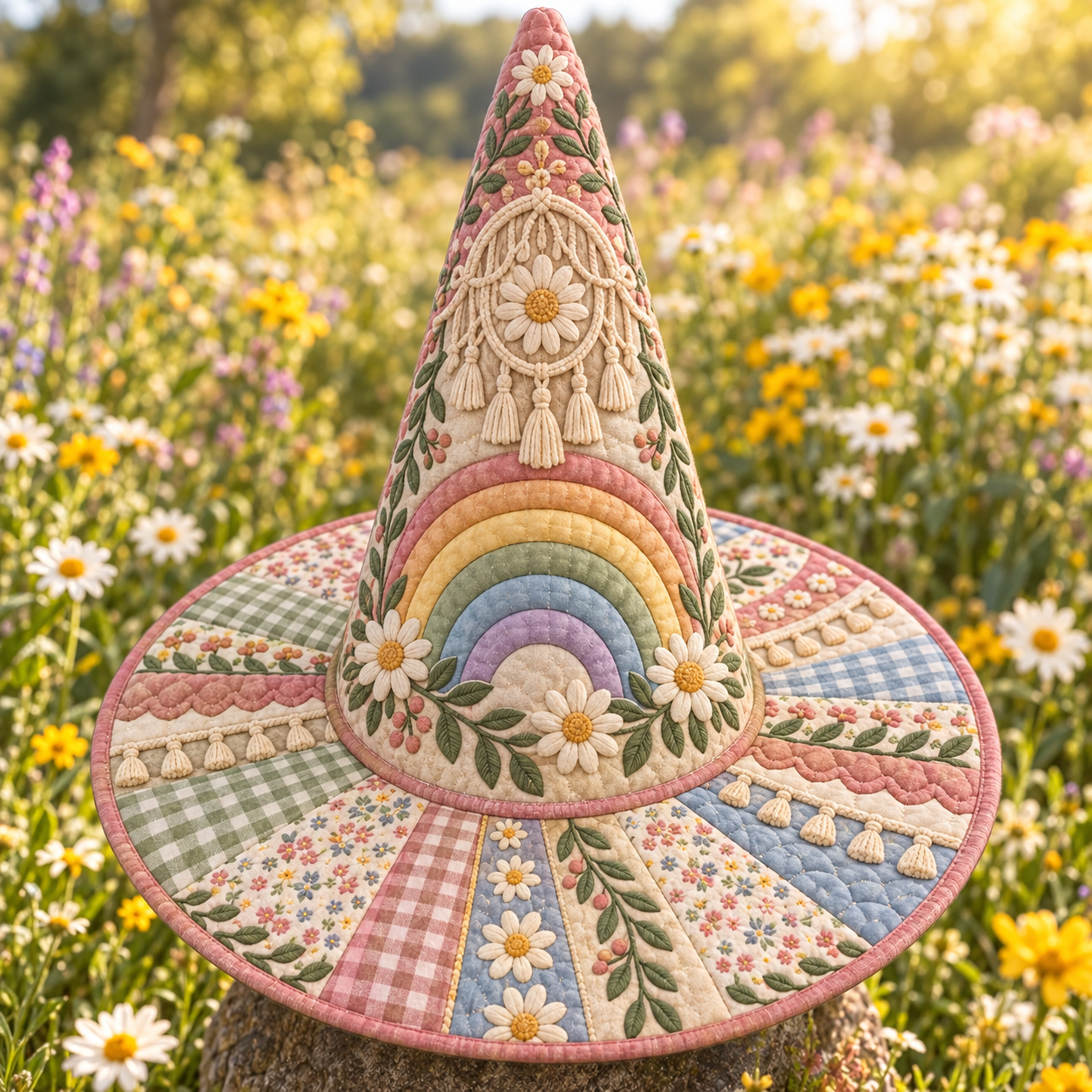 Pastel Rainbow Daisy Quilted Witch Hat