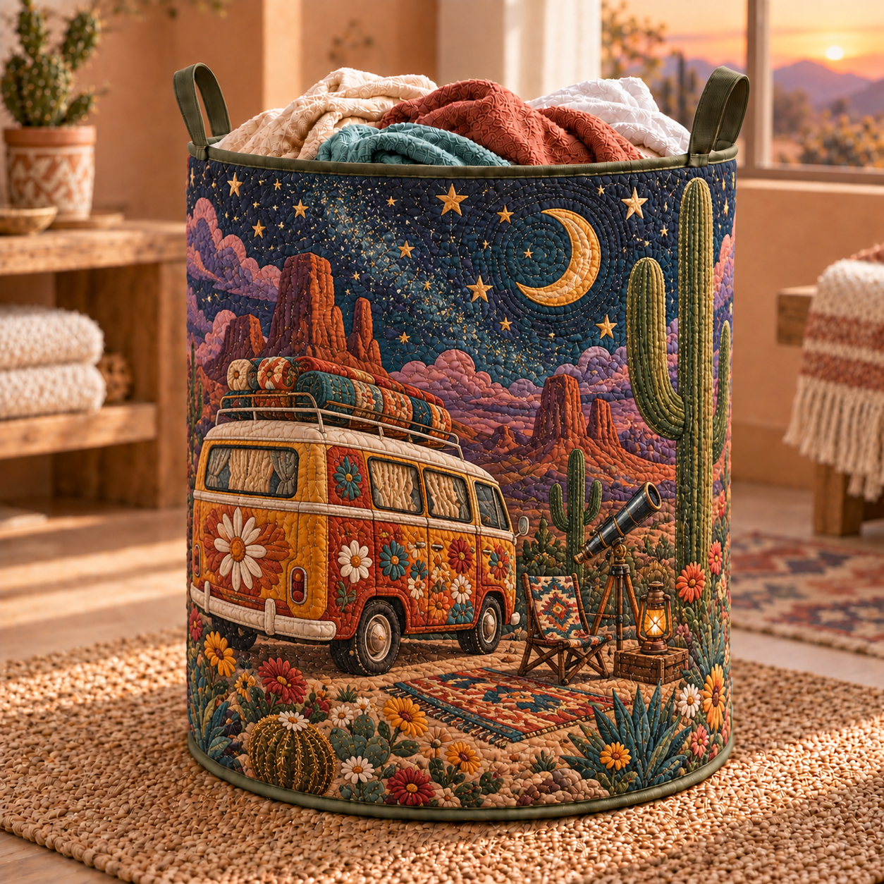 Moonlit Hippie Camper Van Quilted Laundry Basket