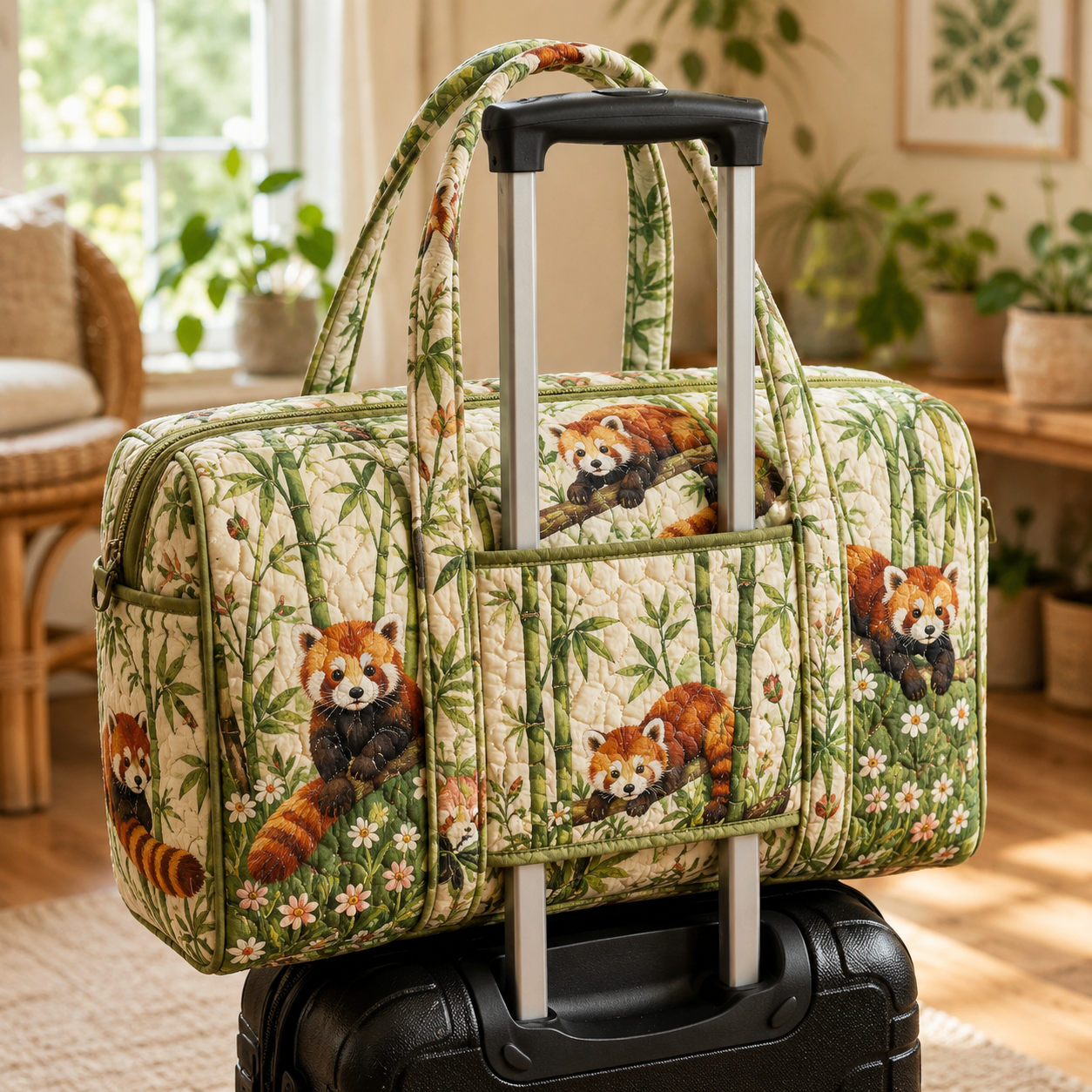 Red Panda Bamboo Garden Quilted Weekender Bag With Trolley Sleeve