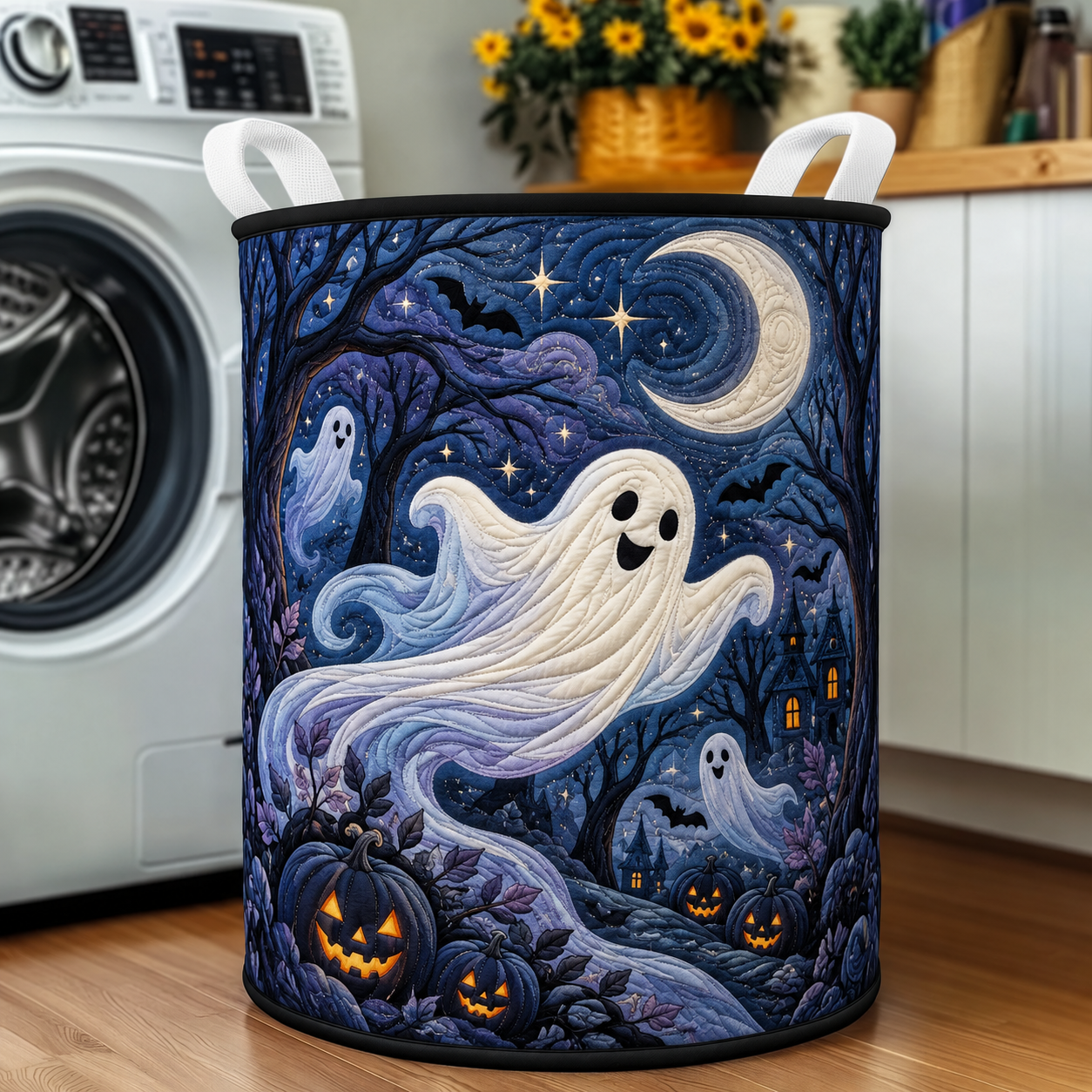 Spooky Ghost Moon Quilted Laundry Basket