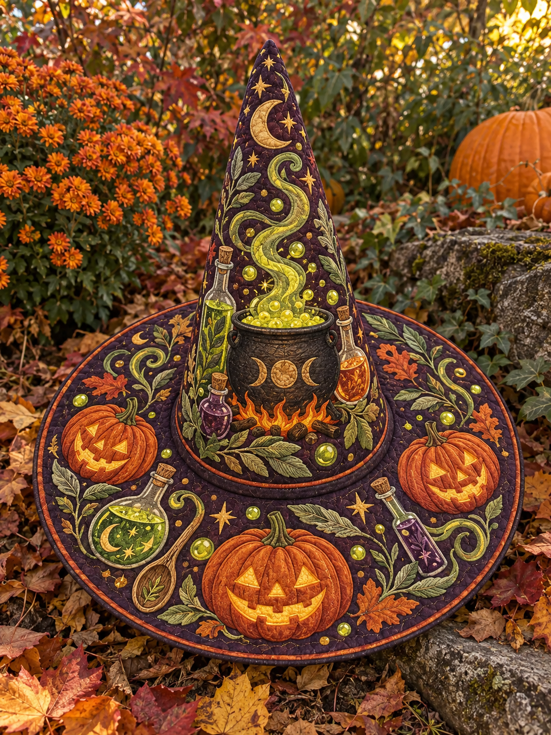 Pumpkin Cauldron Halloween Quilted Witch Hat