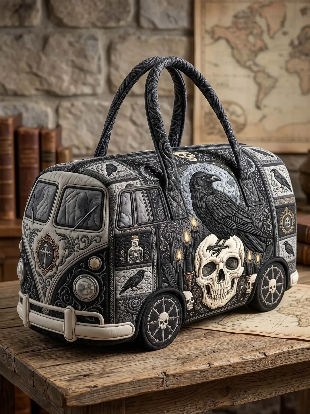 Gothic Raven Skull Van Quilted Duffle Bag