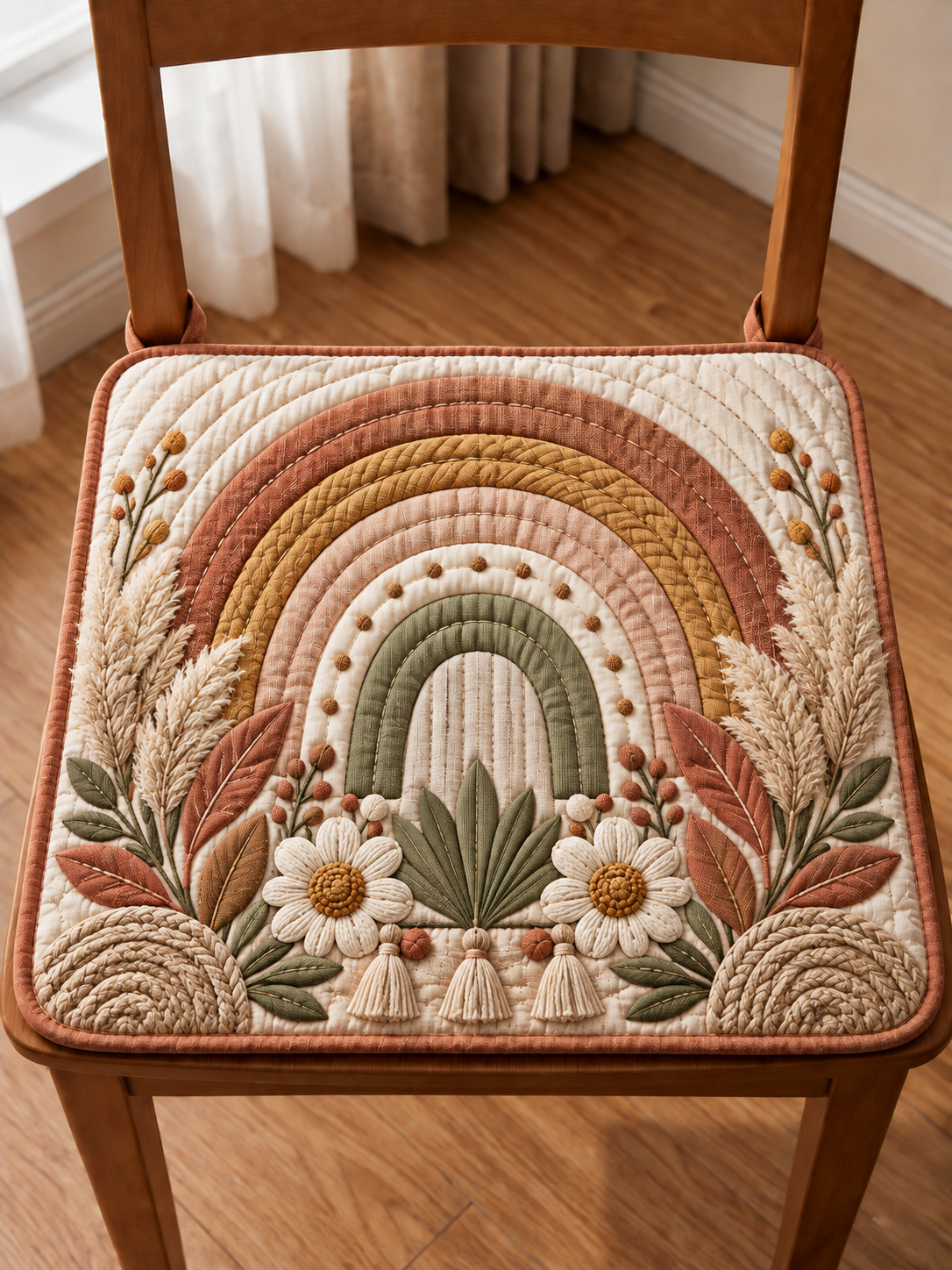 Boho Rainbow Floral Quilted Chair Cushion