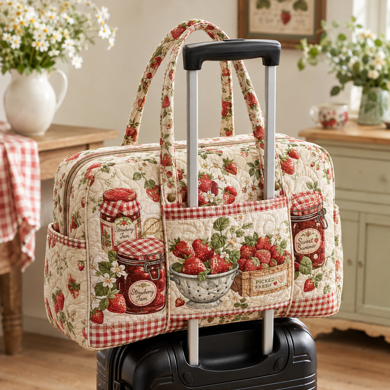 Strawberry Jam Picnic Quilted Weekender Bag With Trolley Sleeve