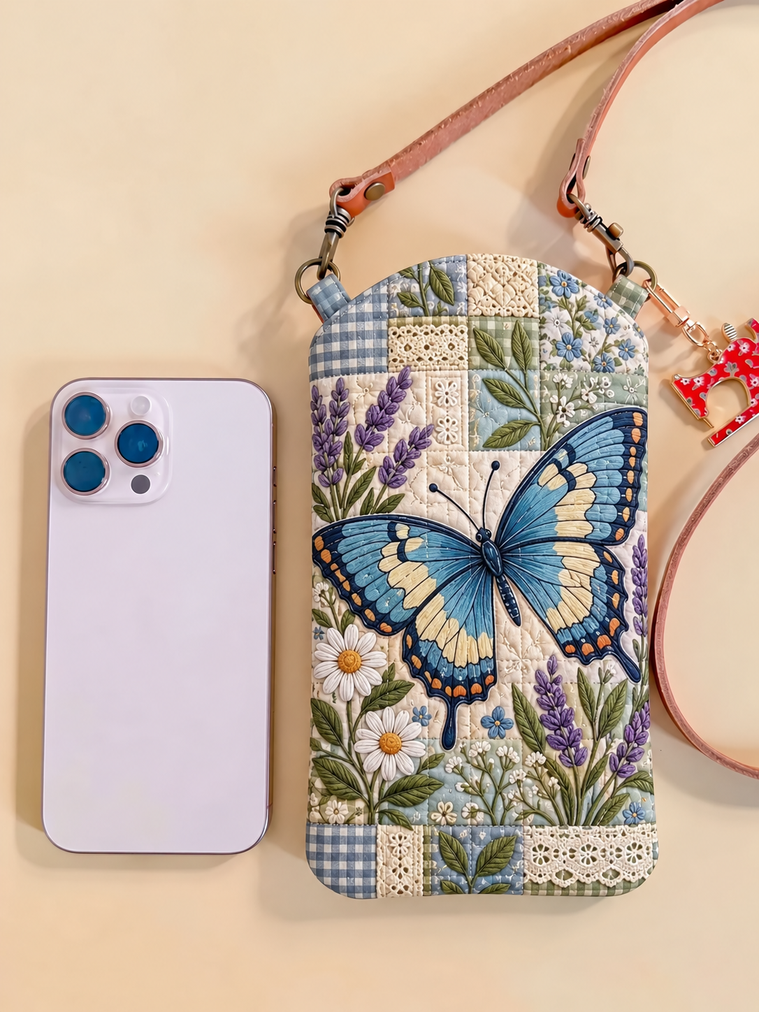 Lavender Blue Butterfly Quilted Slim Phone Crossbody Bag