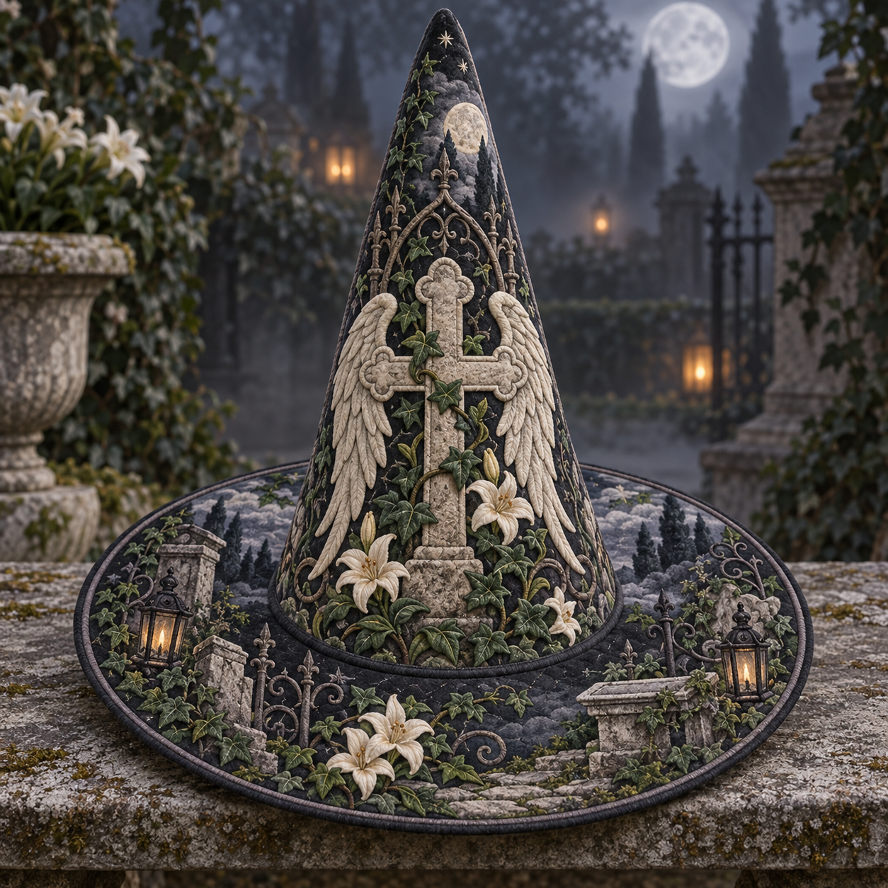 Moonlit Angel Wing Cross Quilted Witch Hat