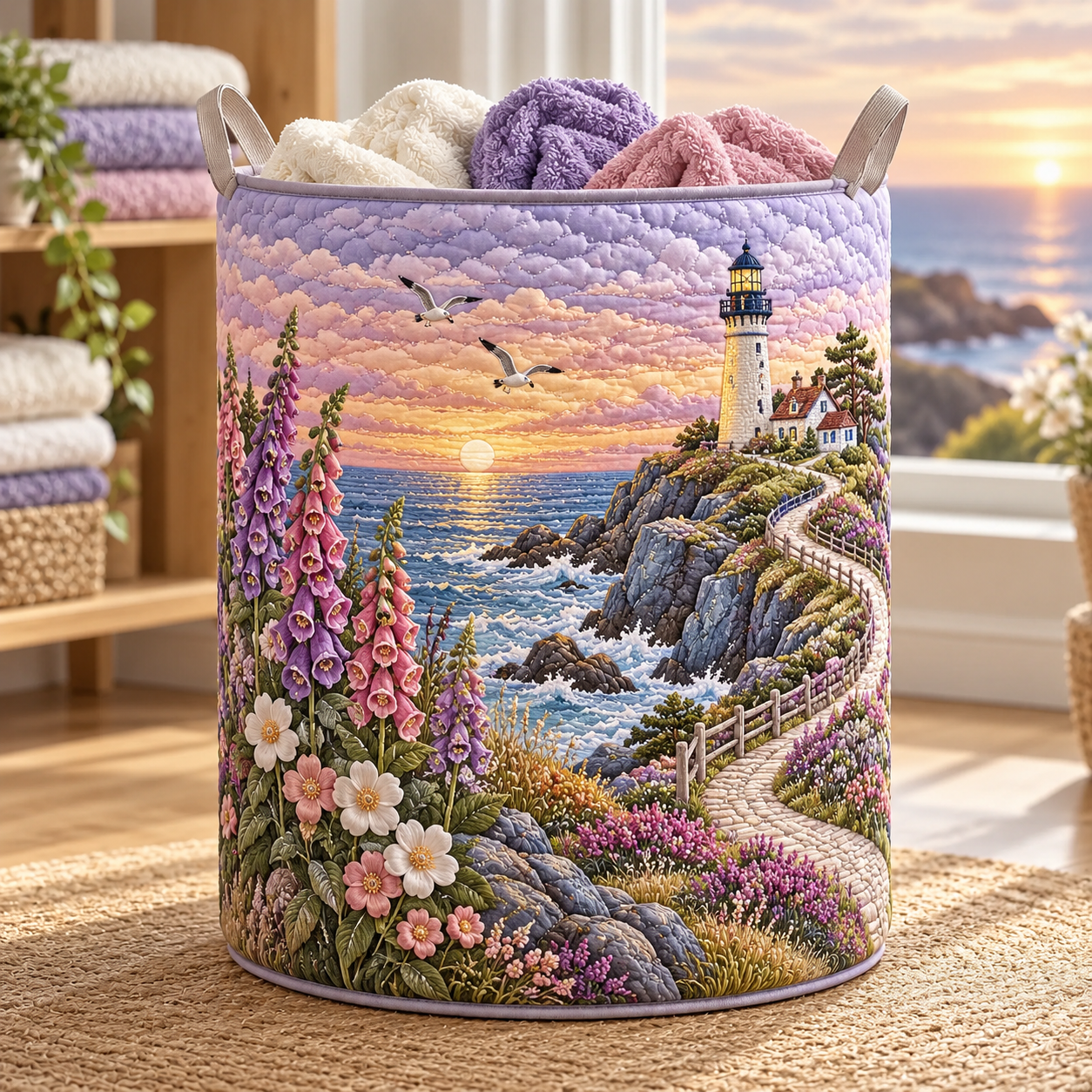 Sunset Lighthouse Lavender Coast Quilted Laundry Basket